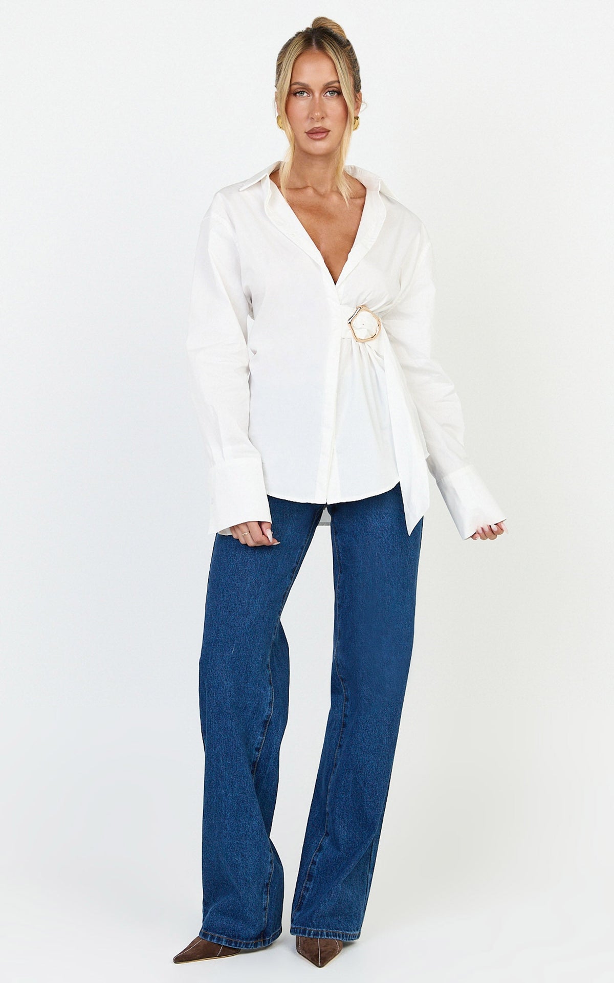 Heloise Top - Wrap Front Buckle and Tie Detail LS Shirt in White