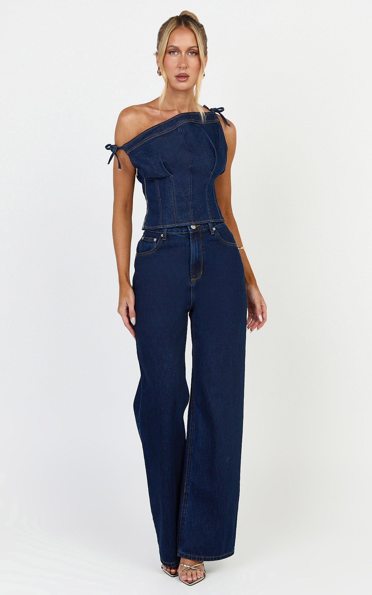 Ivy Top - Asymmetrical Neckline Tie Detail Stretch Denim Top in Dark Blue Wash