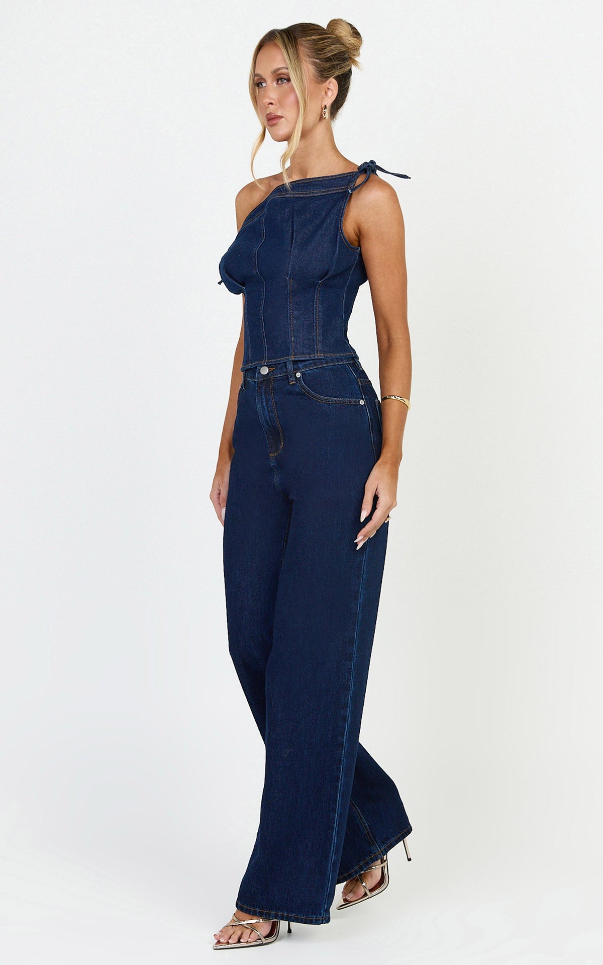 Ivy Top - Asymmetrical Neckline Tie Detail Stretch Denim Top in Dark Blue Wash