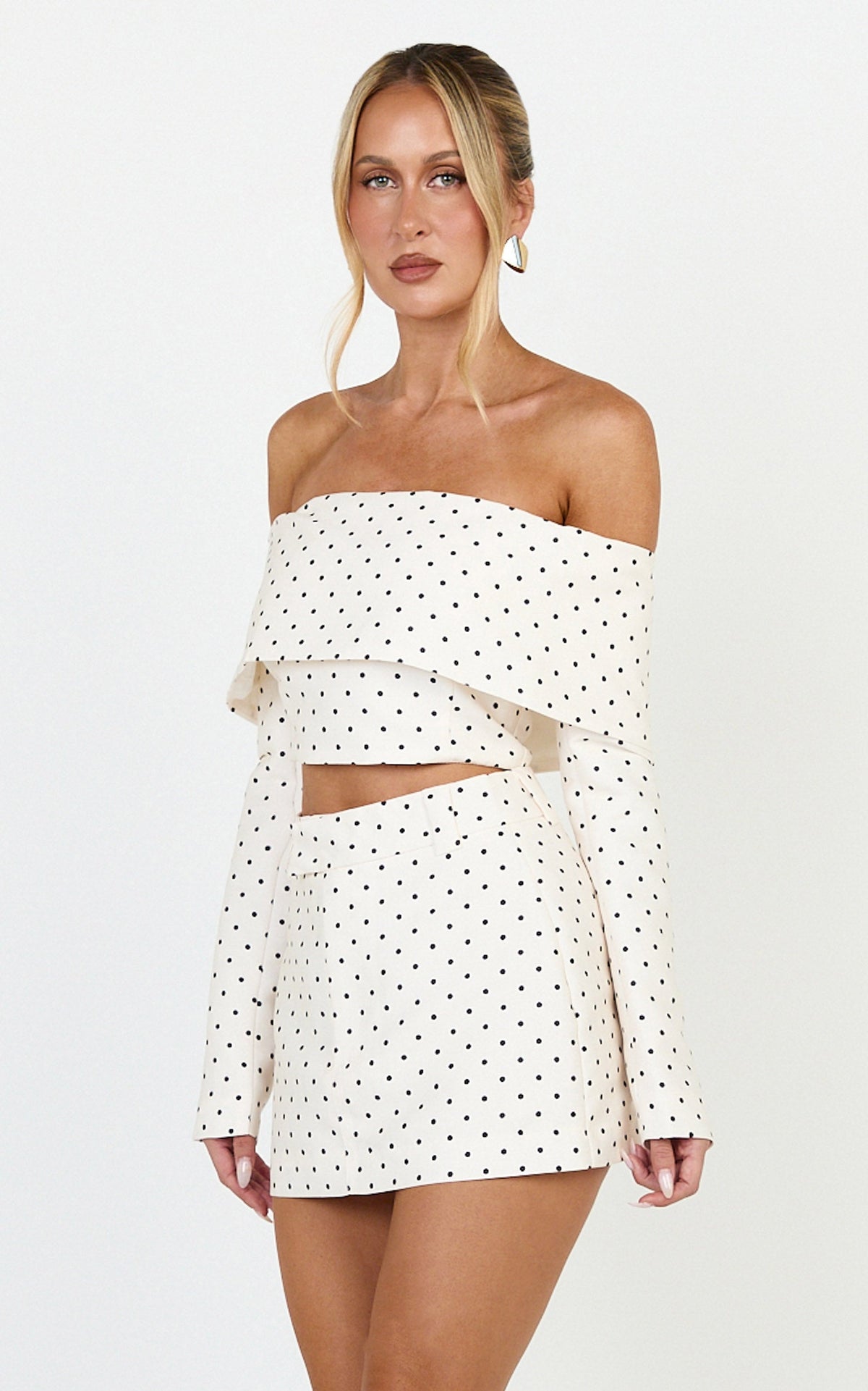 Lana Top - Long Sleeve Off Shoulder Cropped Top in Cream/Black Polka Dot