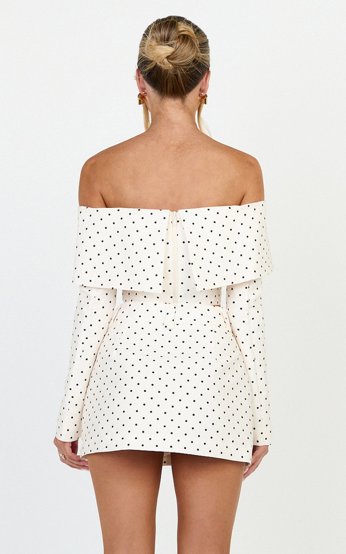 Lana Top - Long Sleeve Off Shoulder Cropped Top in Cream/Black Polka Dot