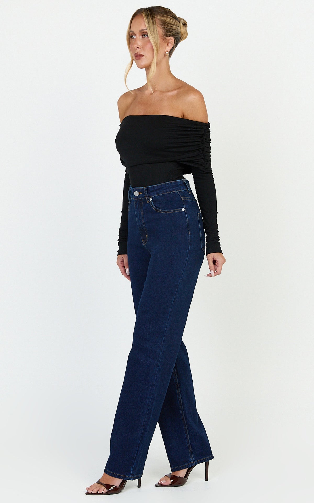 Phoebe Jeans - High Waist Straight Leg Stretch Denim Jeans in Dark Blue Wash