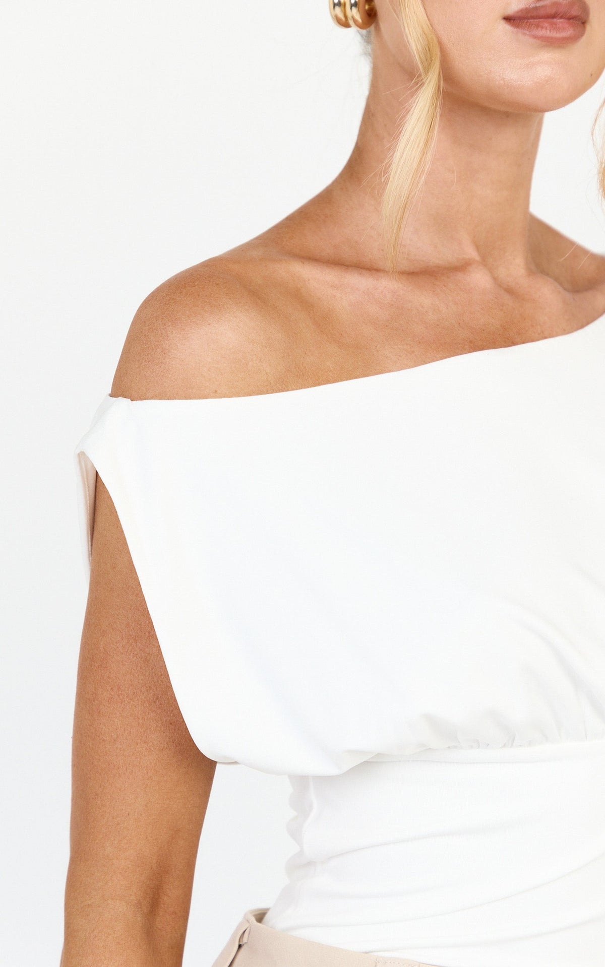 Lani Top - Asymmetrical Neckline Cinched Waist Top in White