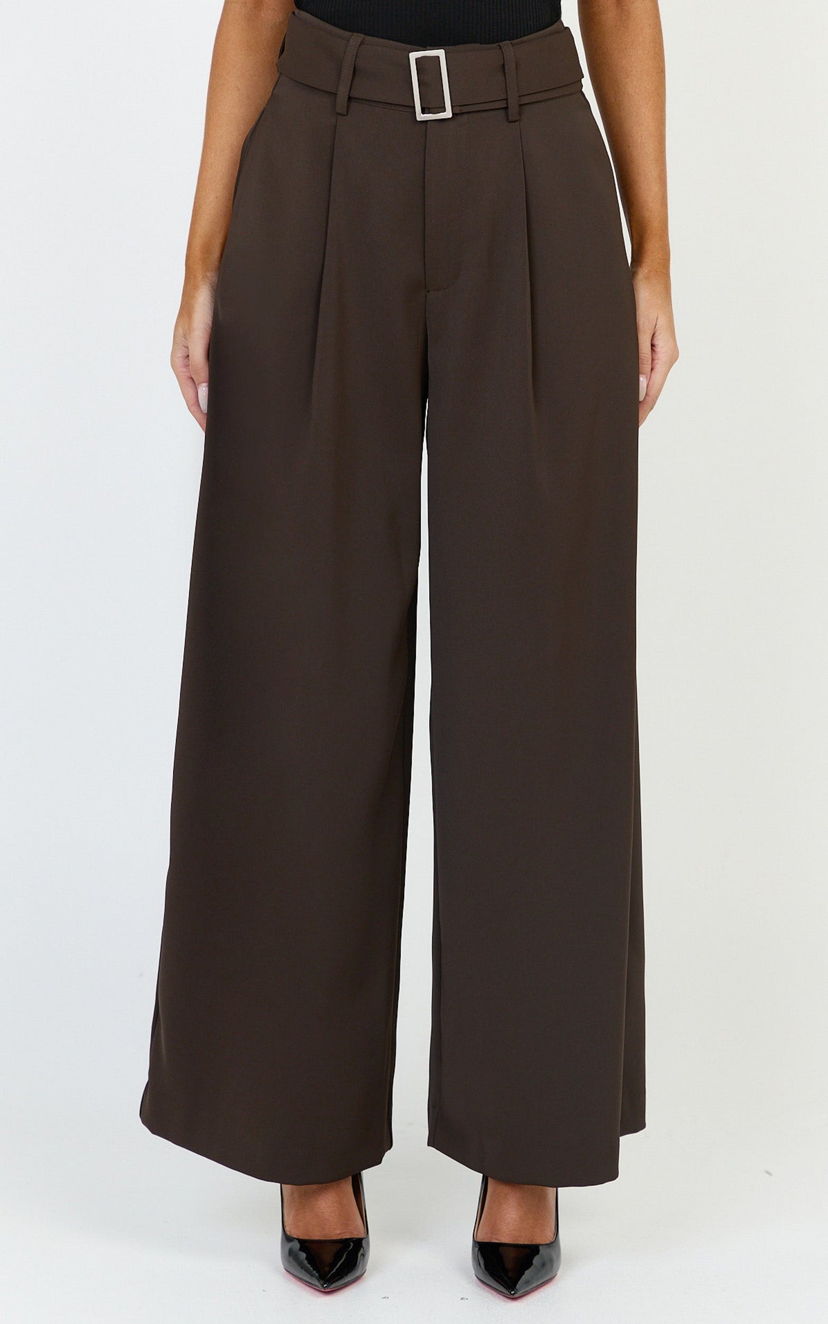 Stella Pants - High Waist Belted Wide Leg Pants in Dark Brown