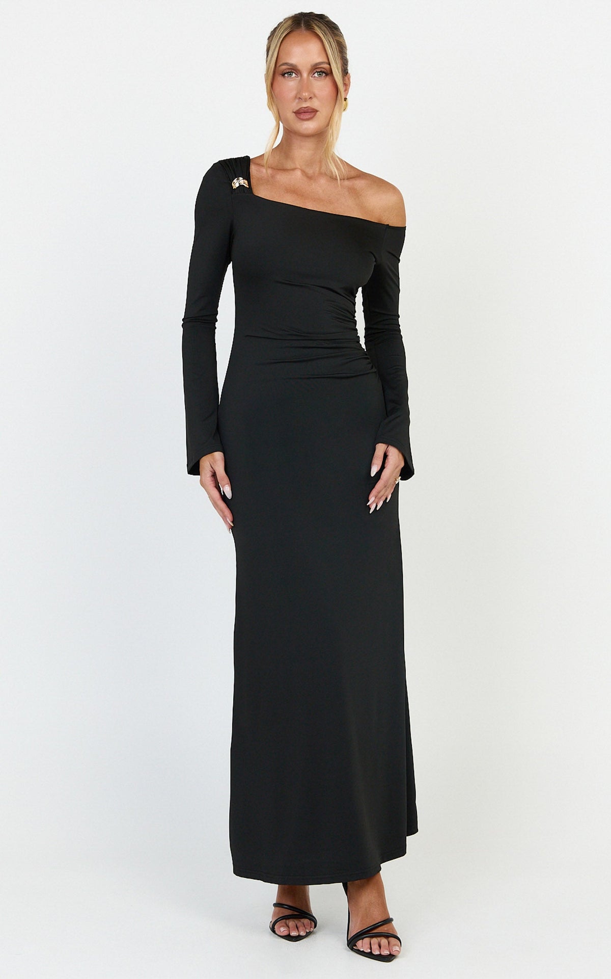 Daisy Maxi Dress - Long Sleeve Gold Hardware Detail Maxi Dress in Black