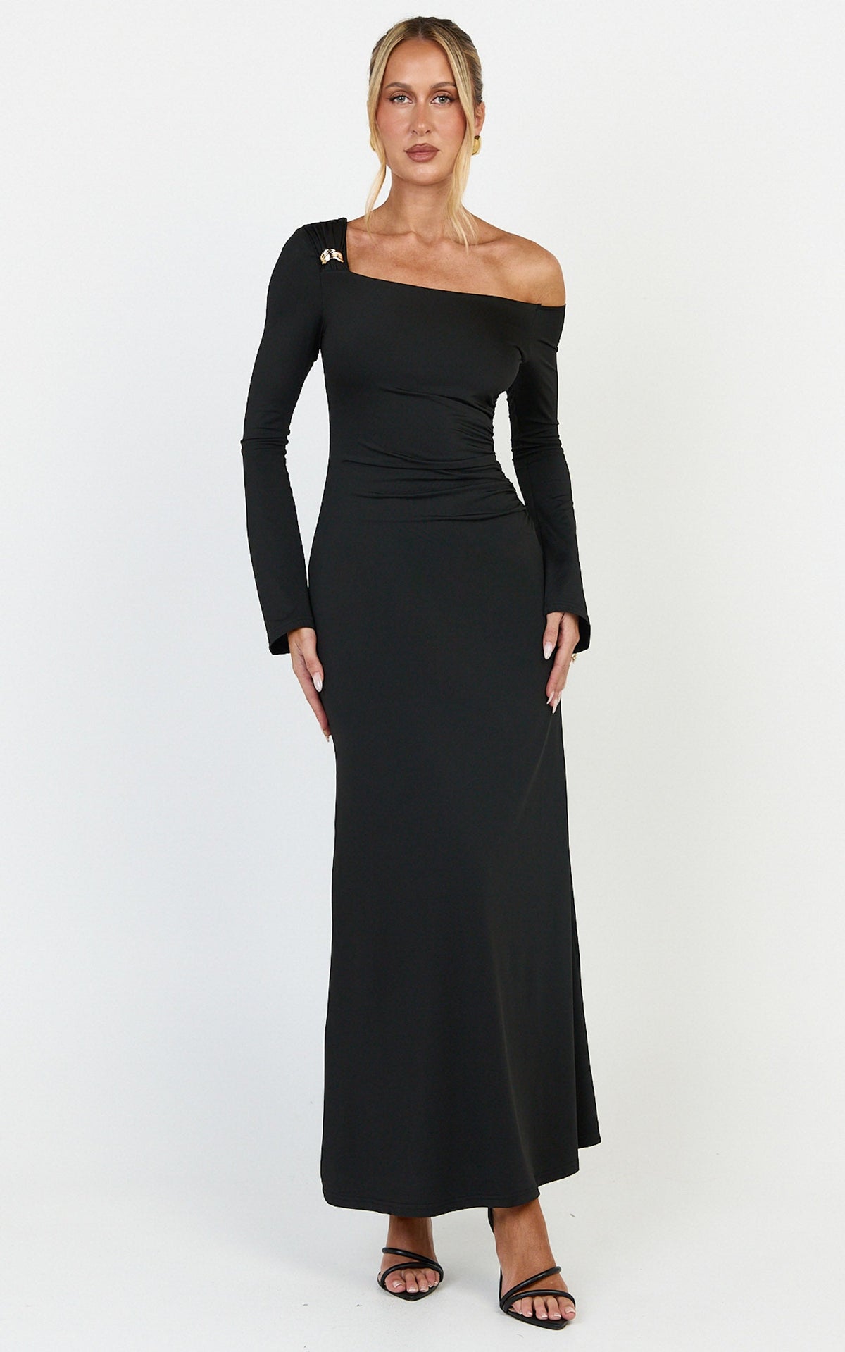 Daisy Maxi Dress - Long Sleeve Gold Hardware Detail Maxi Dress in Black