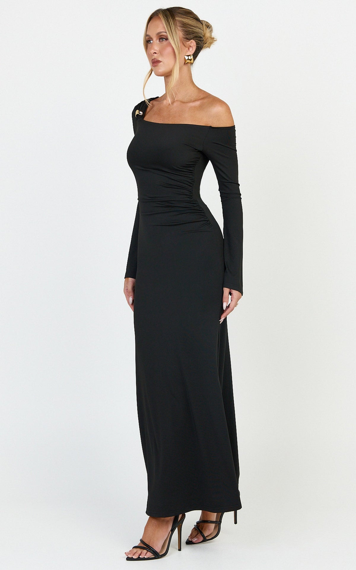 Daisy Maxi Dress - Long Sleeve Gold Hardware Detail Maxi Dress in Black