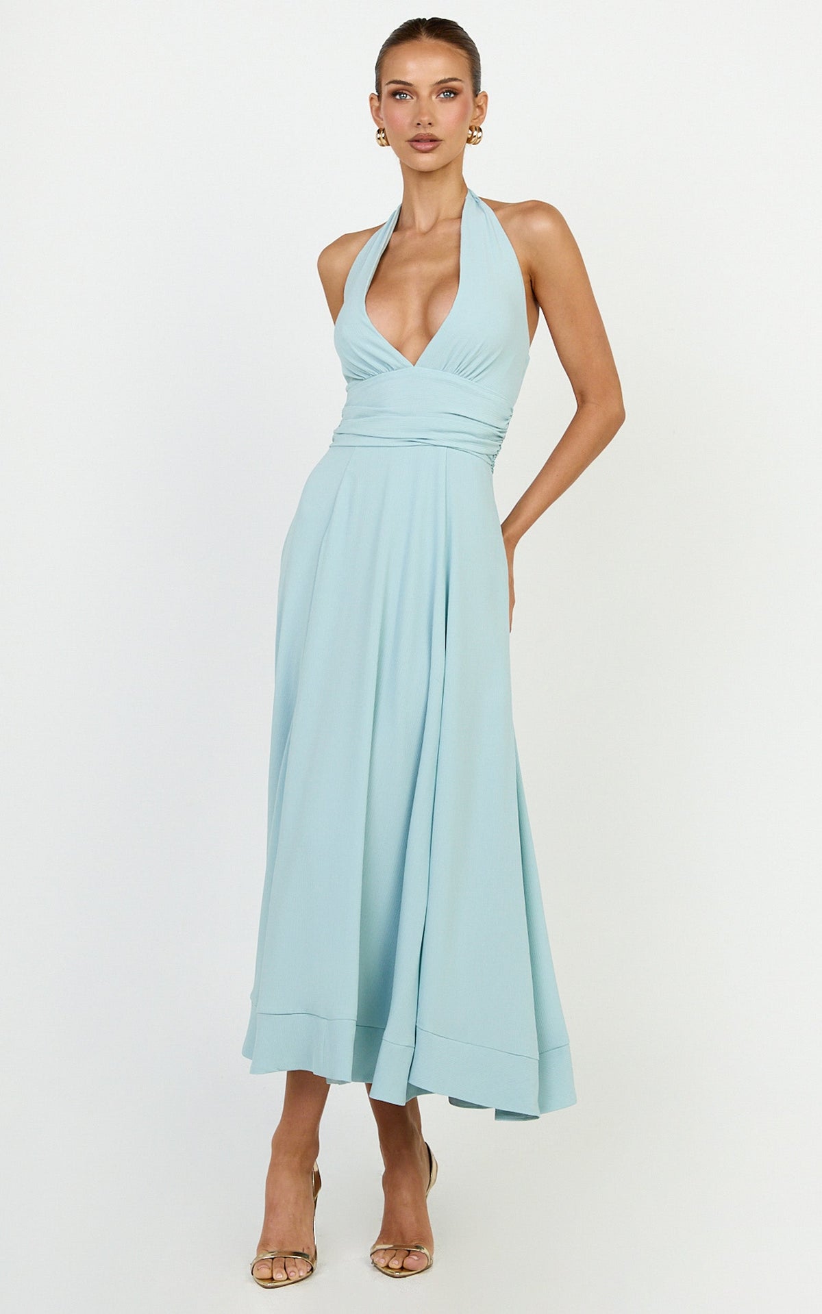 Vivia Maxi Dress - Gathered Waist Halter Dress in Blue