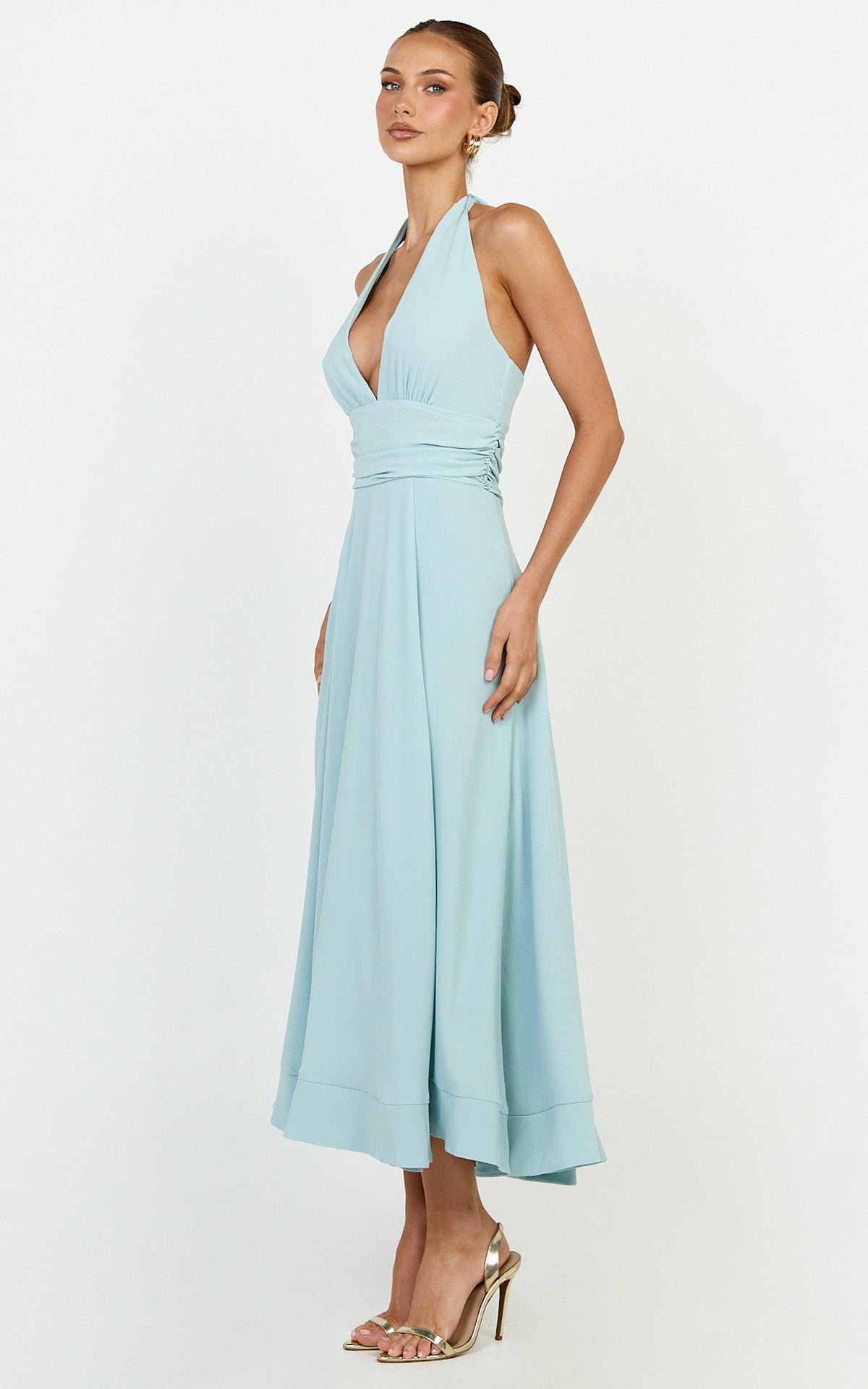 Vivia Maxi Dress - Gathered Waist Halter Dress in Blue