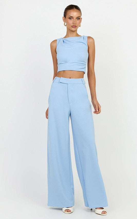 Helen Two Piece Set - Crepe Twisted Top And Wide Leg Pants in Blue