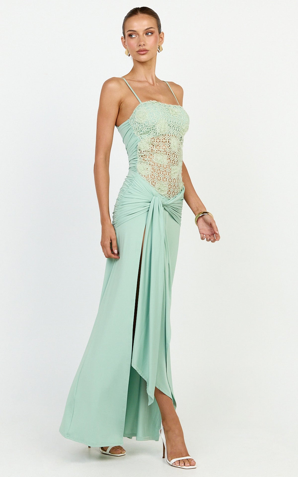 Nerissa Maxi Dress - Crochet Floral Embellished Bodice Drop Tie Waist Dress in Sage