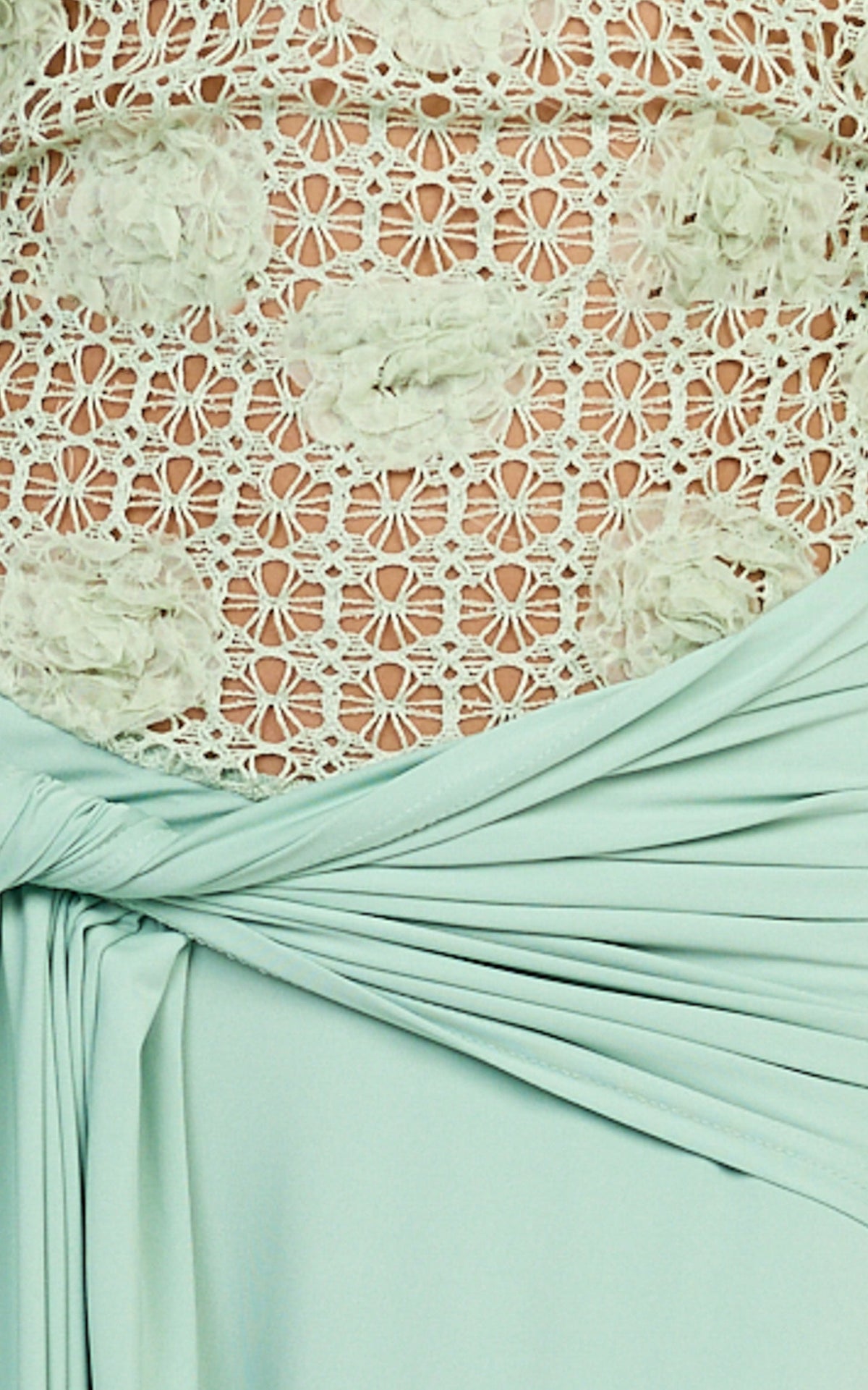 Nerissa Maxi Dress - Crochet Floral Embellished Bodice Drop Tie Waist Dress in Sage