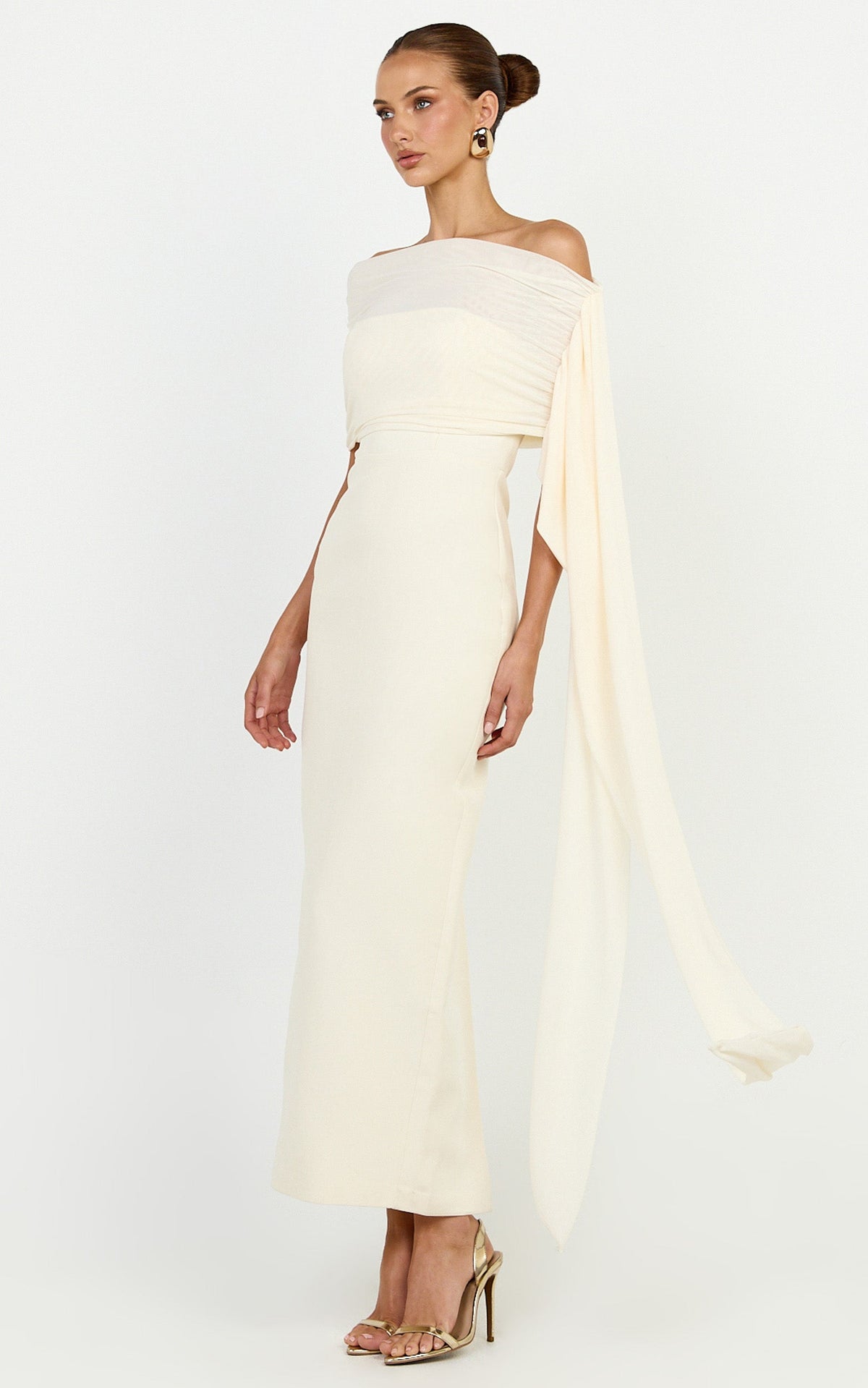 Elina Maxi Dress - Off Shoulder Contrast Mesh Draped Overlay Dress in Cream