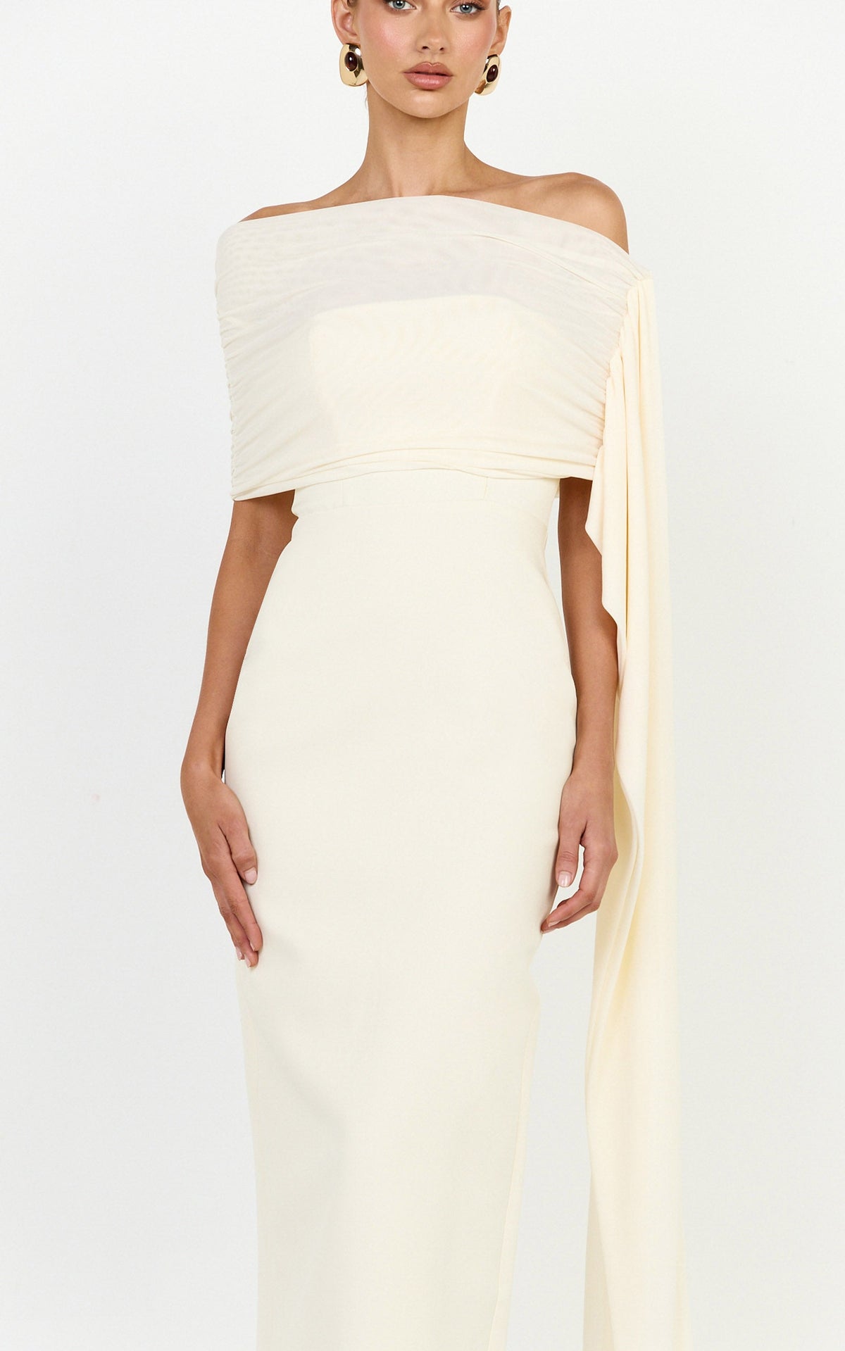 Elina Maxi Dress - Off Shoulder Contrast Mesh Draped Overlay Dress in Cream