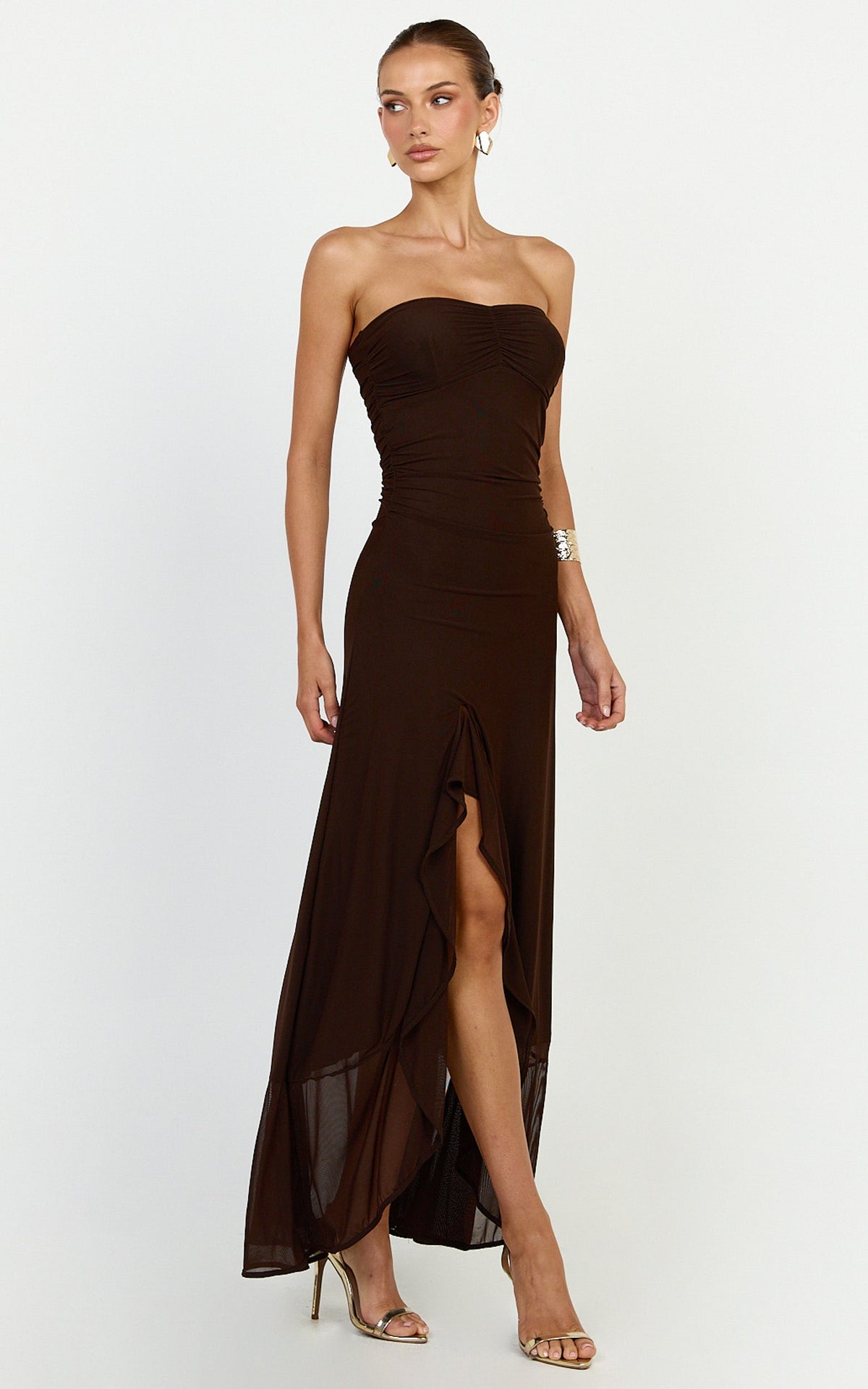 Oceana Maxi Dress - Strapless Sweetheart Neckline Mesh Dress in Chocolate