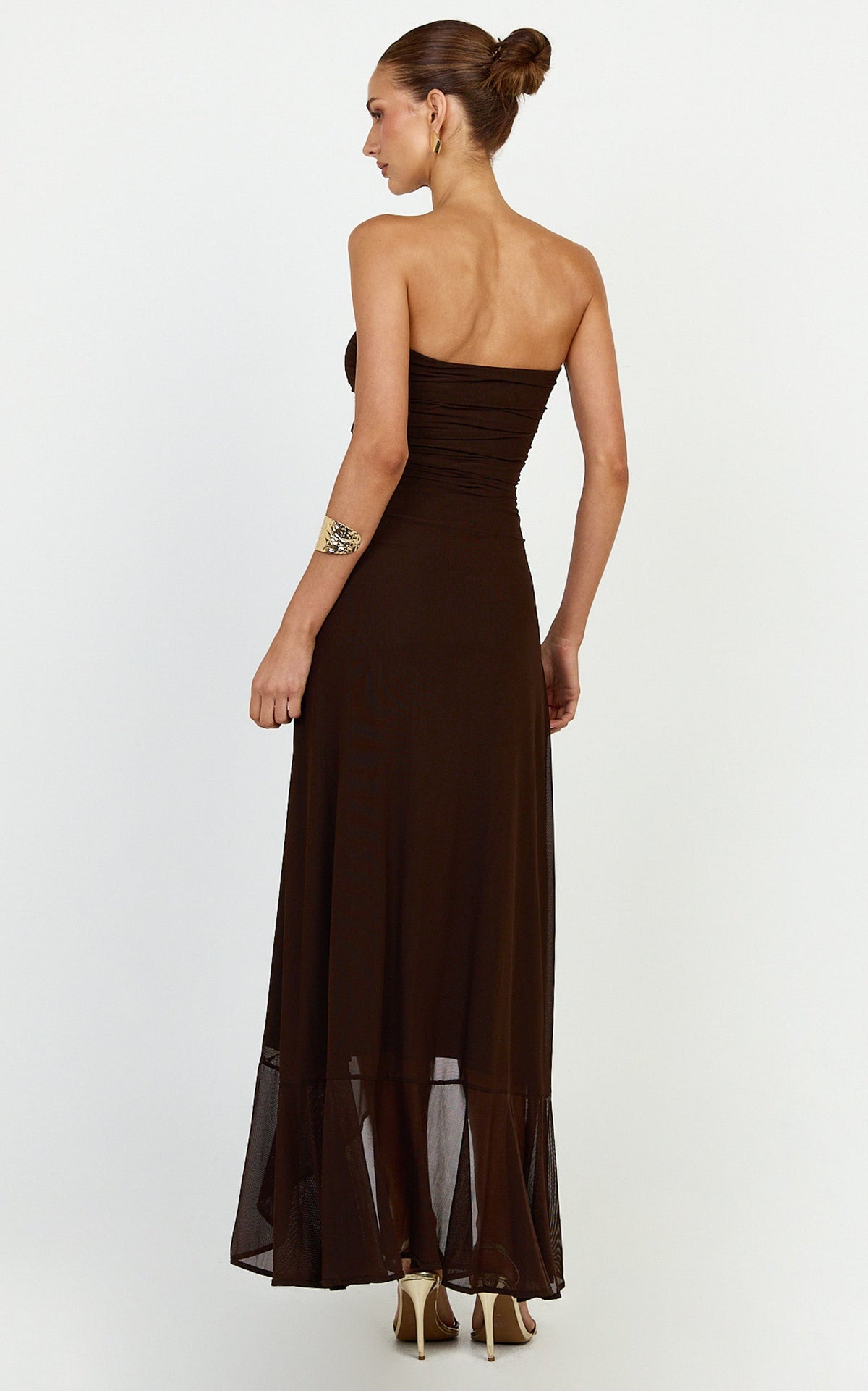 Oceana Maxi Dress - Strapless Sweetheart Neckline Mesh Dress in Chocolate
