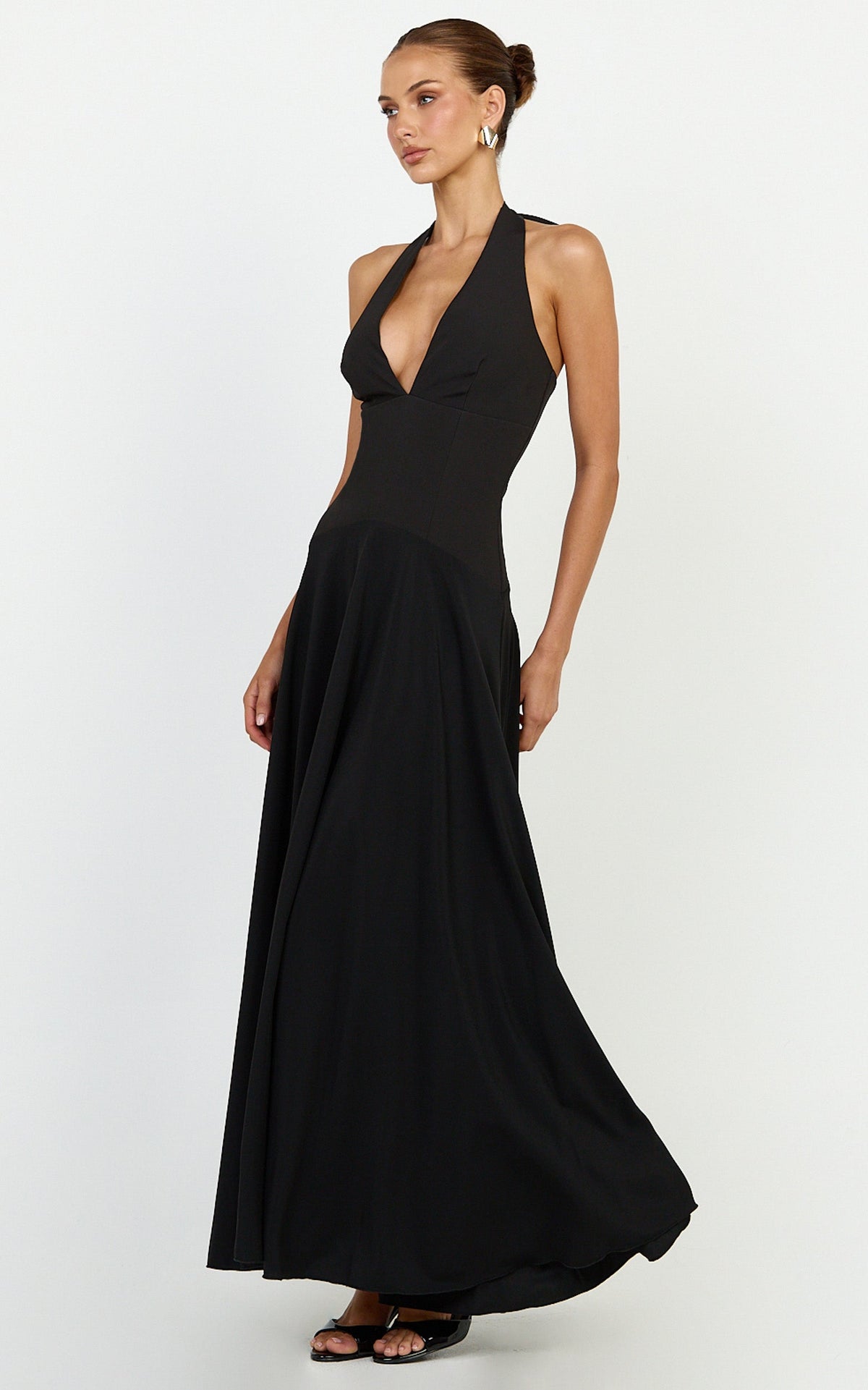 Poppy Maxi Dress - Contrast Skirt Deep Plunge Halter Dress in Black