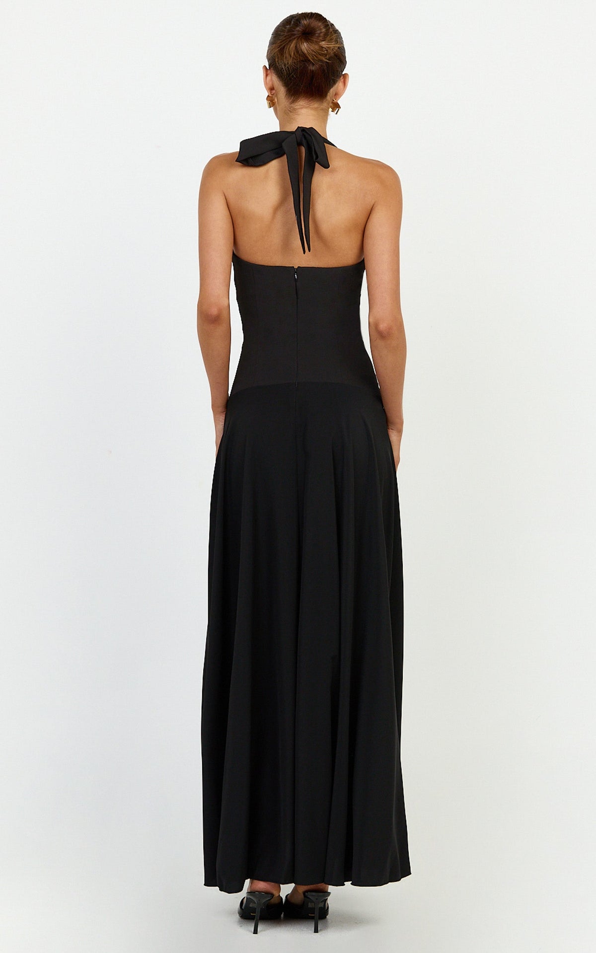 Poppy Maxi Dress - Contrast Skirt Deep Plunge Halter Dress in Black
