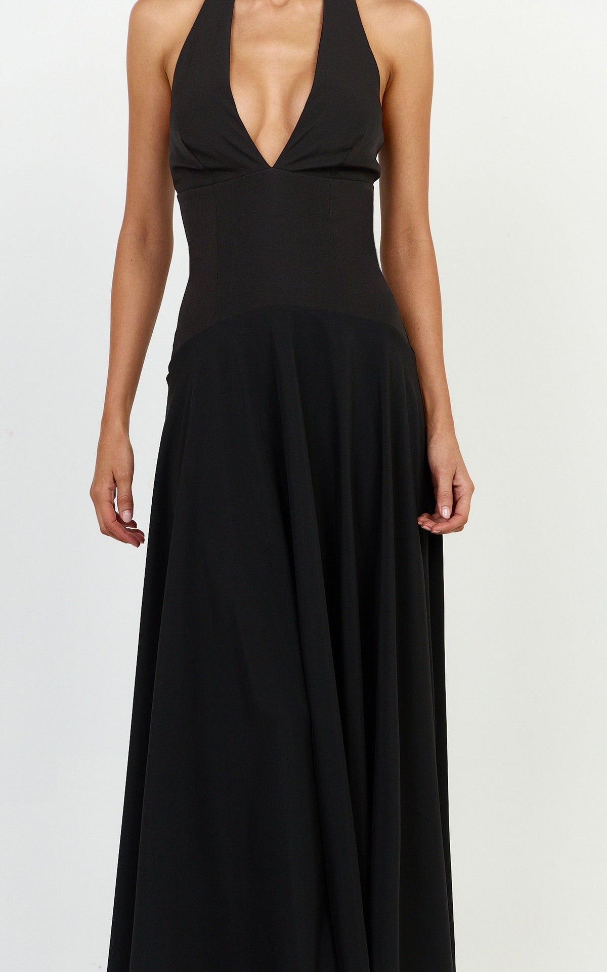 Poppy Maxi Dress - Contrast Skirt Deep Plunge Halter Dress in Black
