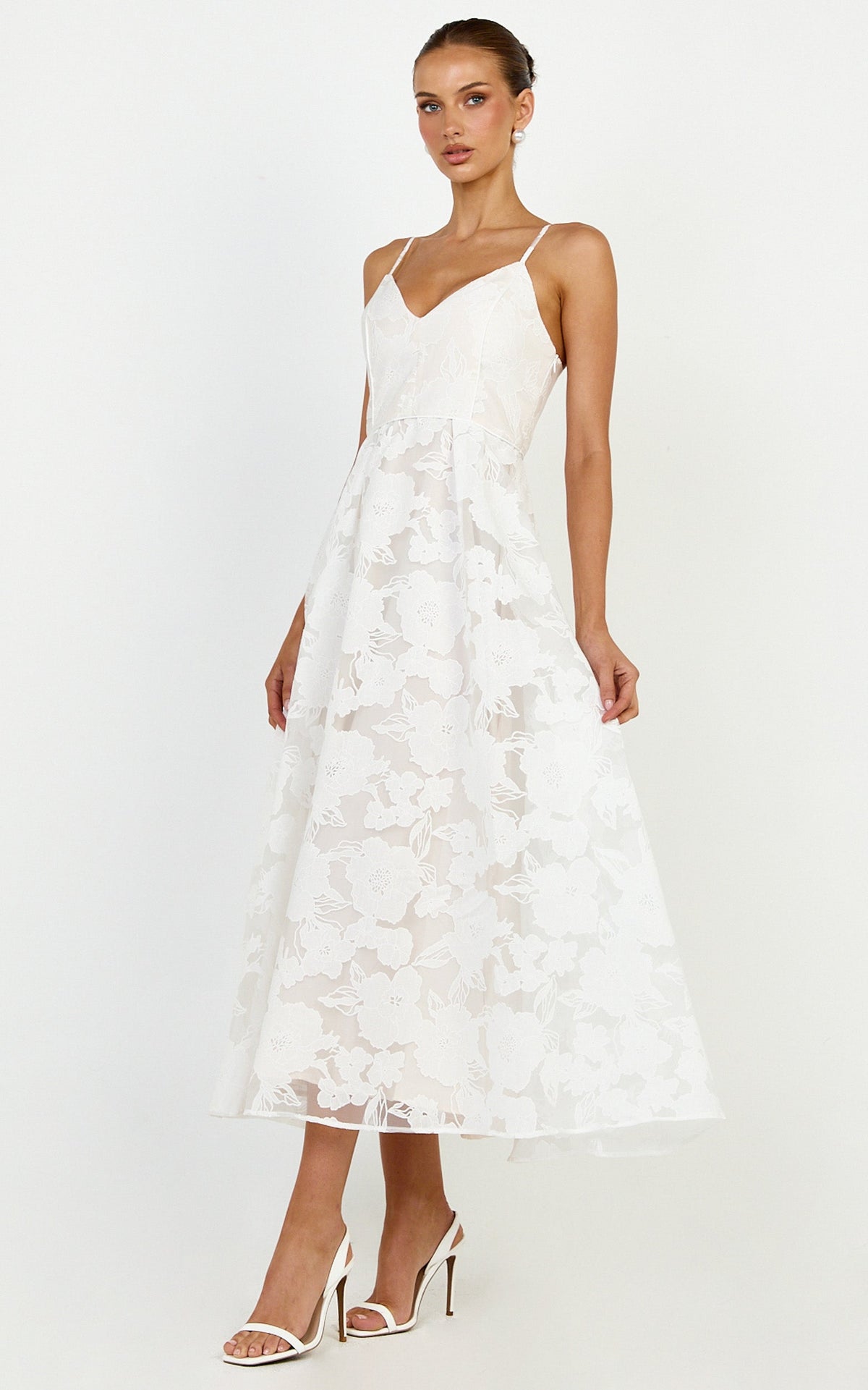 Philine Midi Dress - Jacquard Plunge Fit and Flare Dress in White