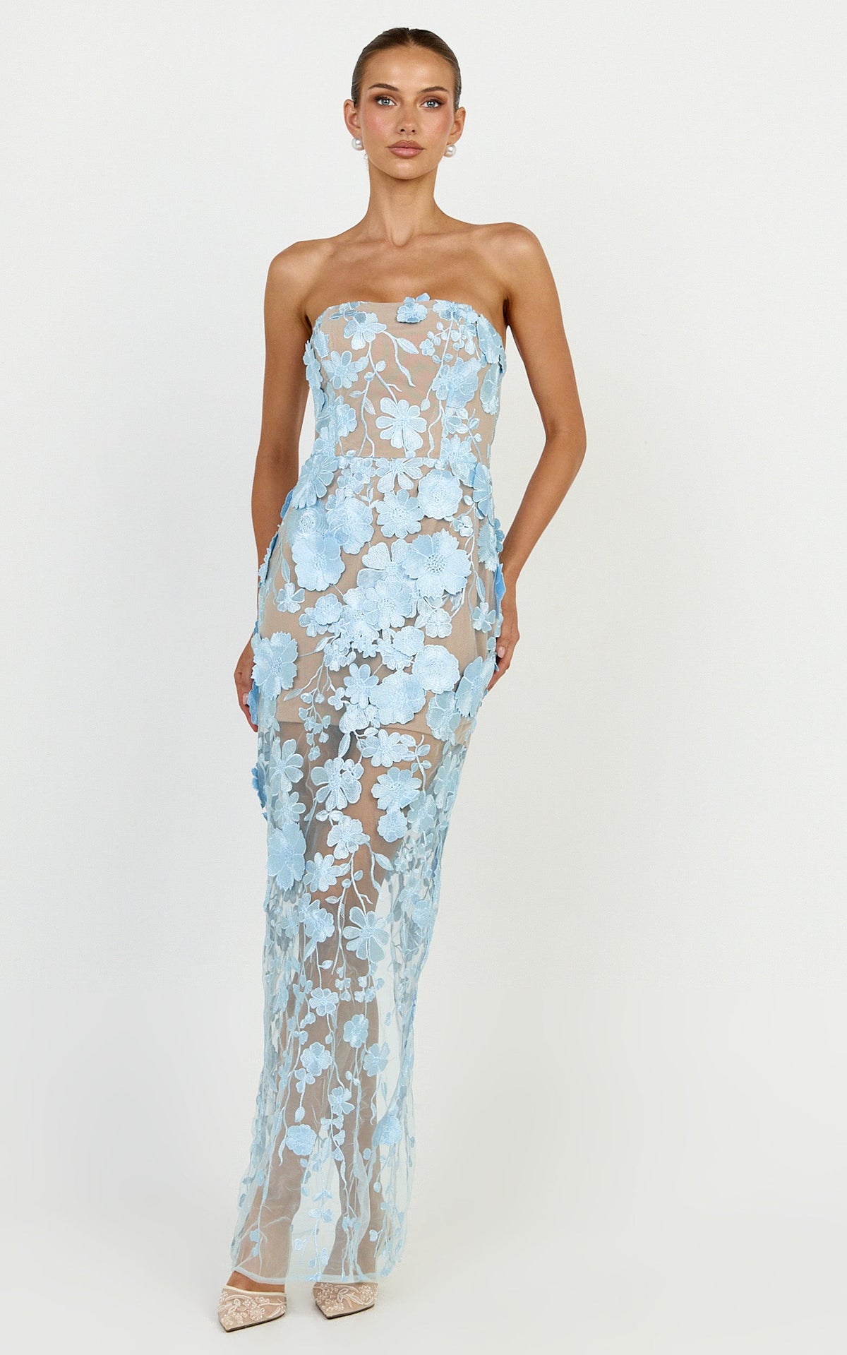 Sienna Maxi Dress - 3D Floral Strapless Column Dress in Blue