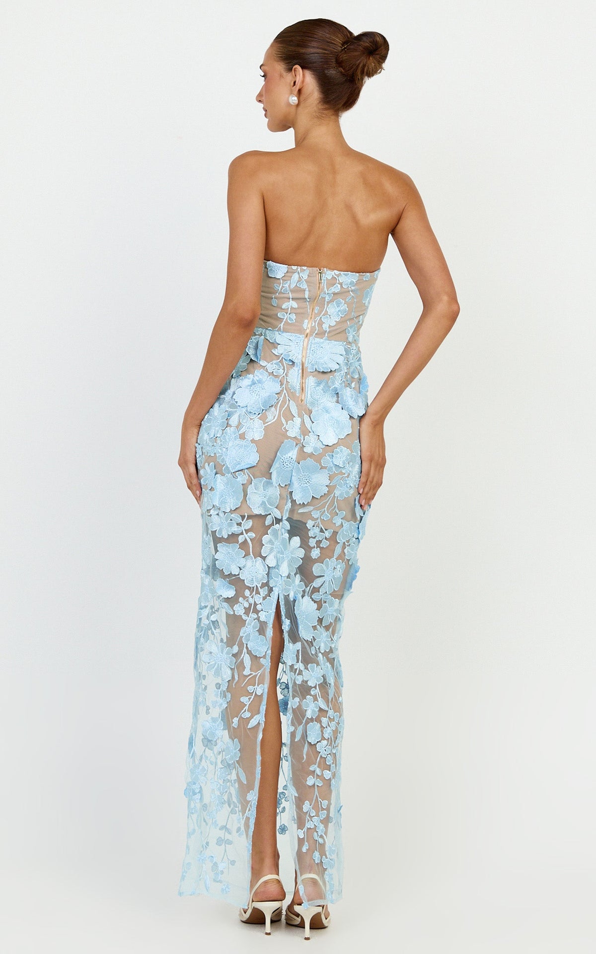 Sienna Maxi Dress - 3D Floral Strapless Column Dress in Blue