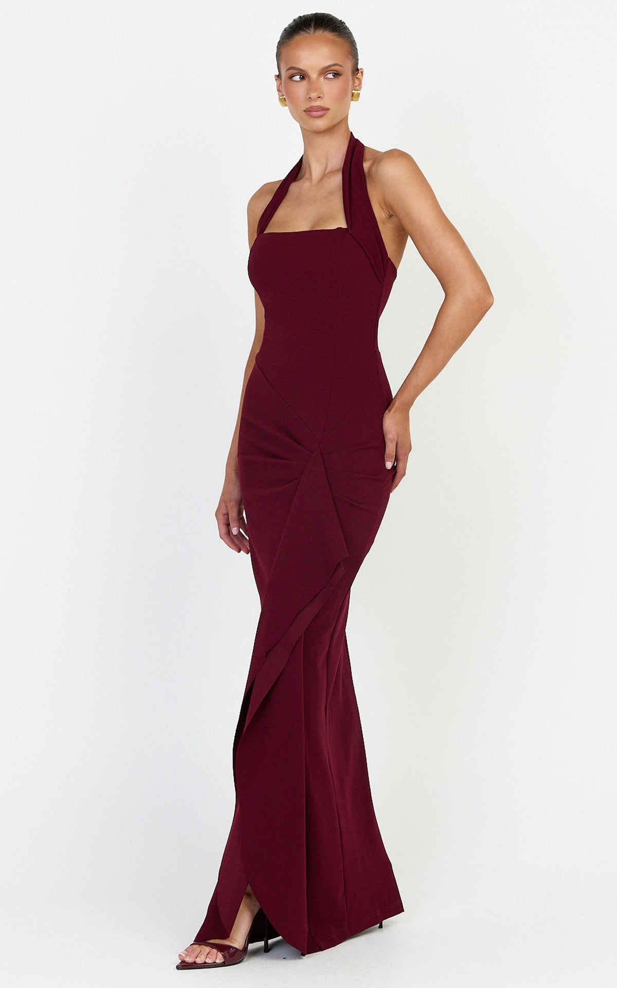Lyra Maxi Dress - Halter Neck Waterfall Sash Dress in Wine