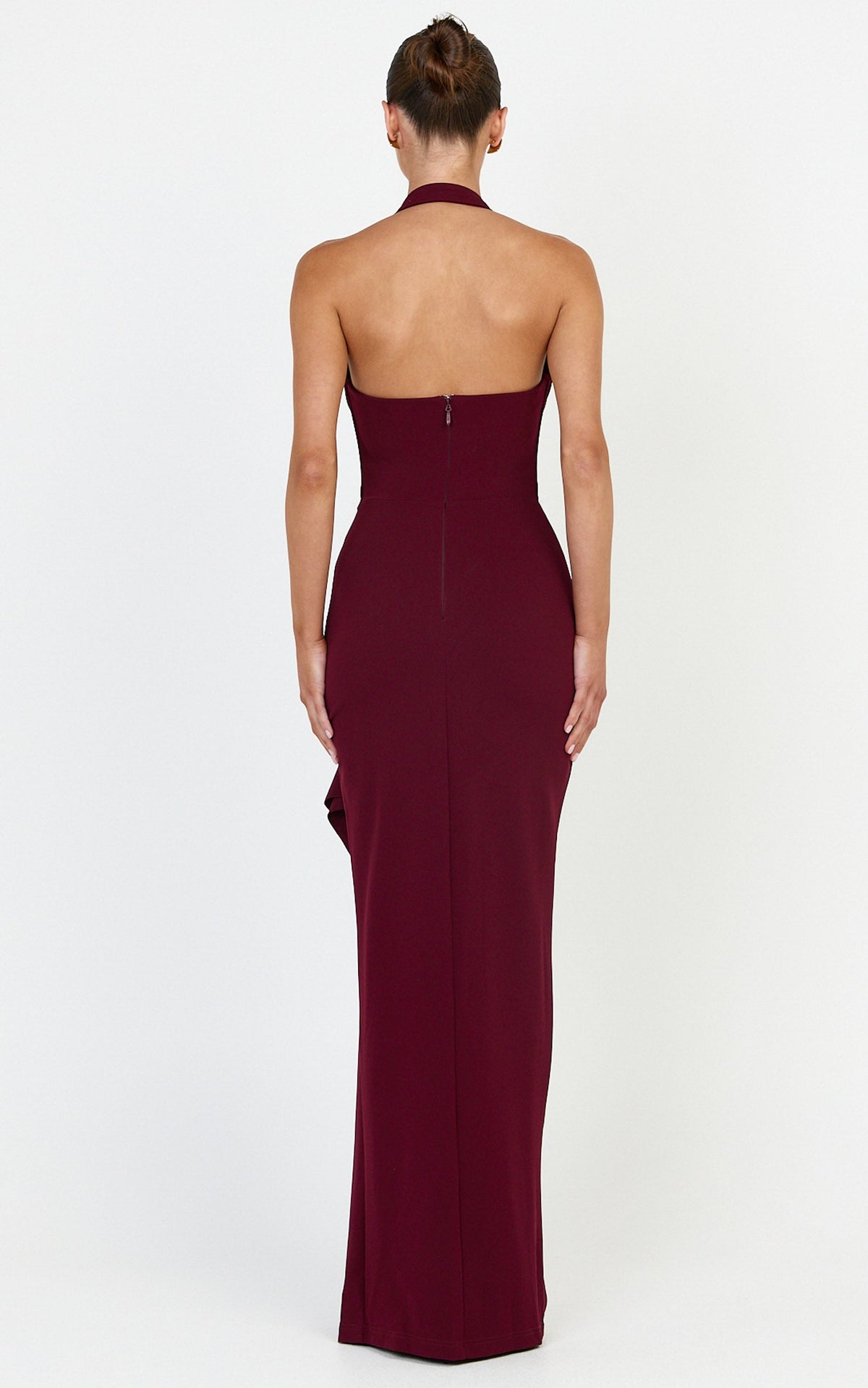 Lyra Maxi Dress - Halter Neck Waterfall Sash Dress in Wine