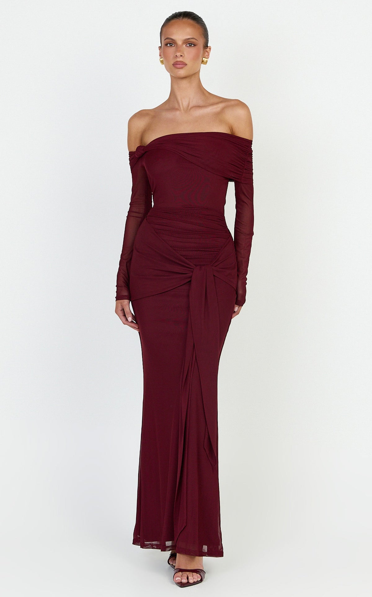 Waverly Maxi Dress - Long Sleeve Off Shoulder Dress in Wine