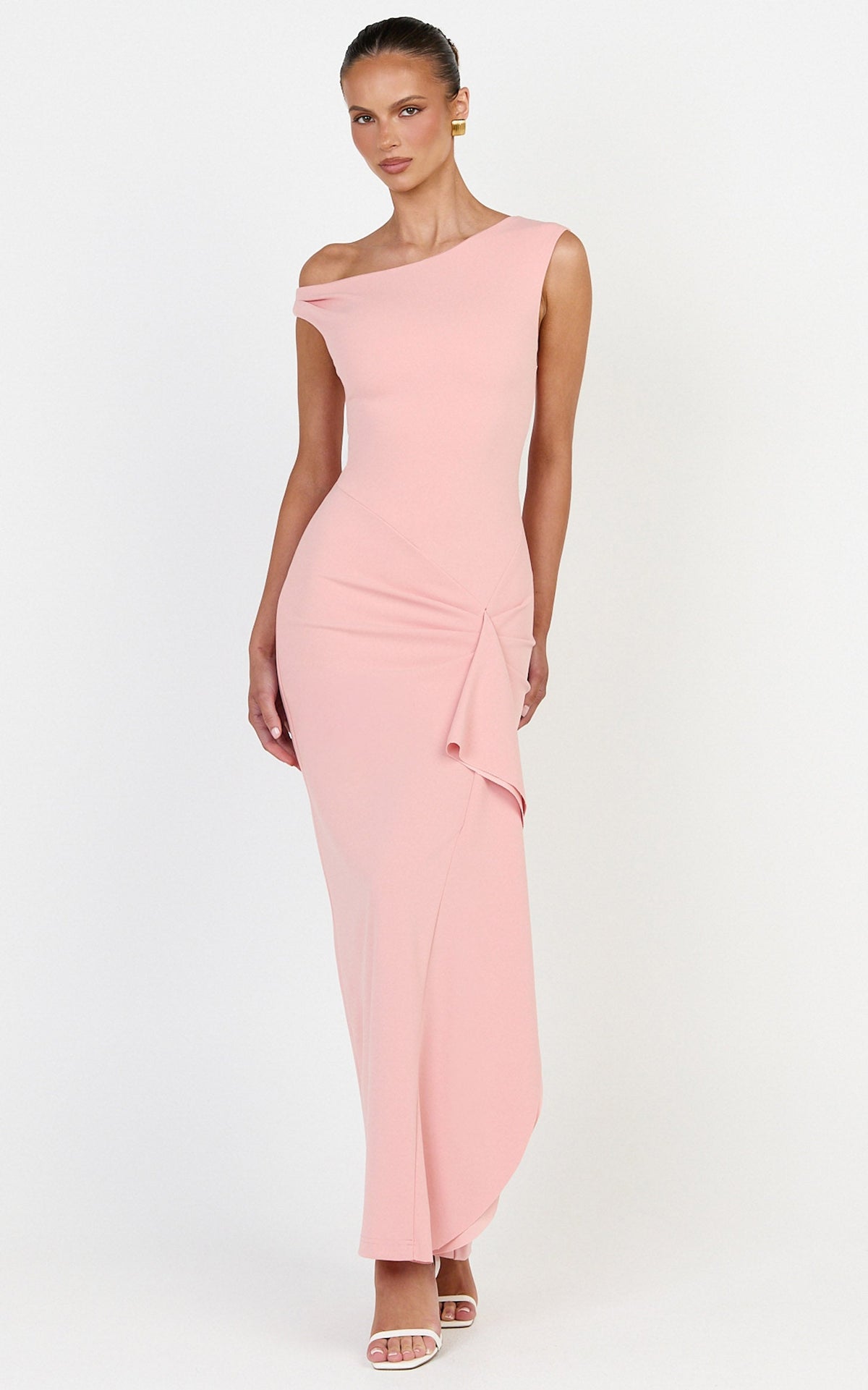 Alba Maxi Dress - Off Shoulder Waterfall Sash Dress in Pink