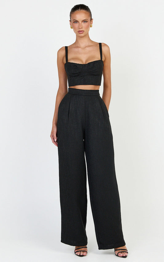 Sylvia Two Piece Set - Corset Top and High Waisted Wide Leg Pants Set in Black