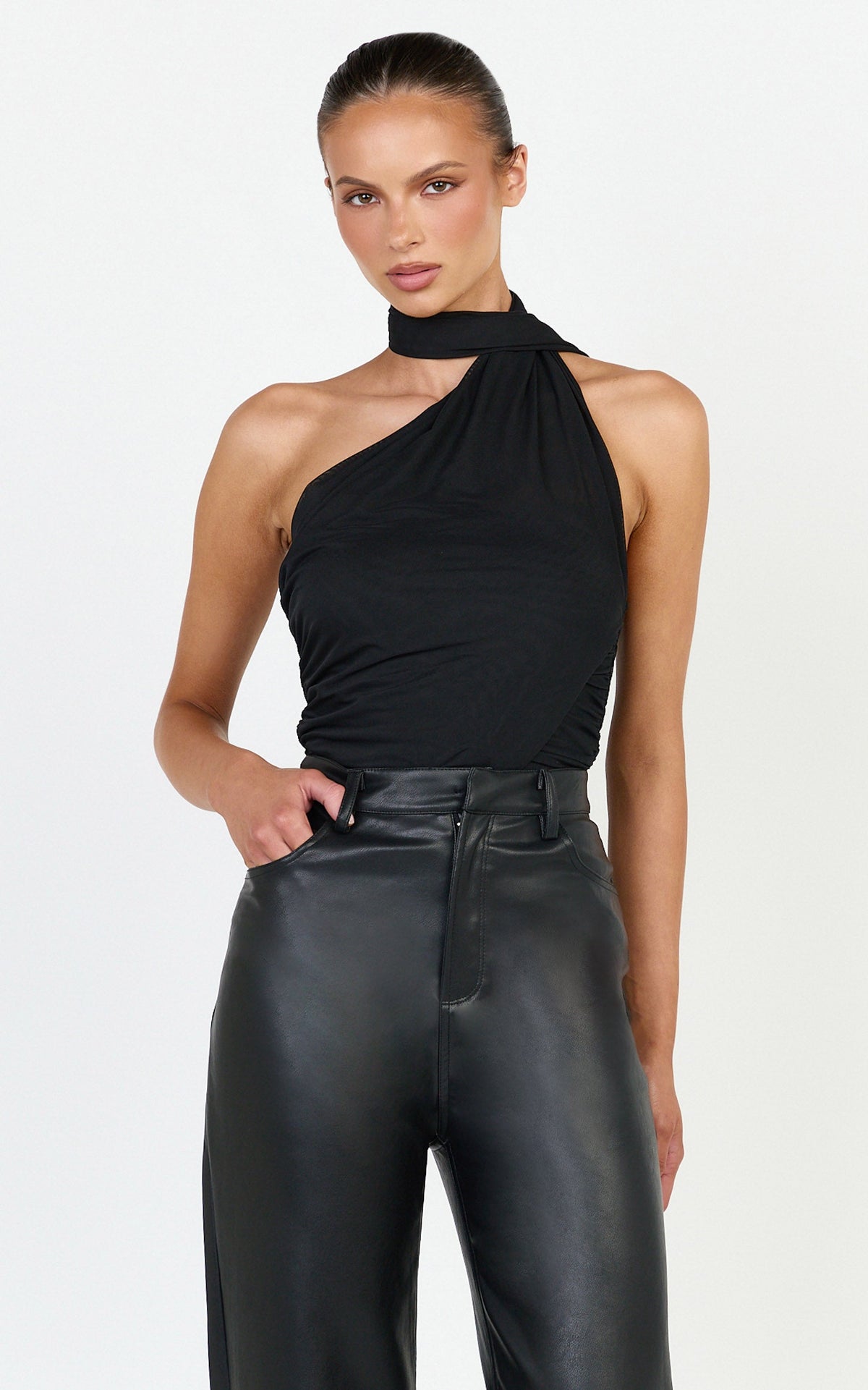 Lucienne Bodysuit - One Shoulder Draped Scarf Bodysuit in Black