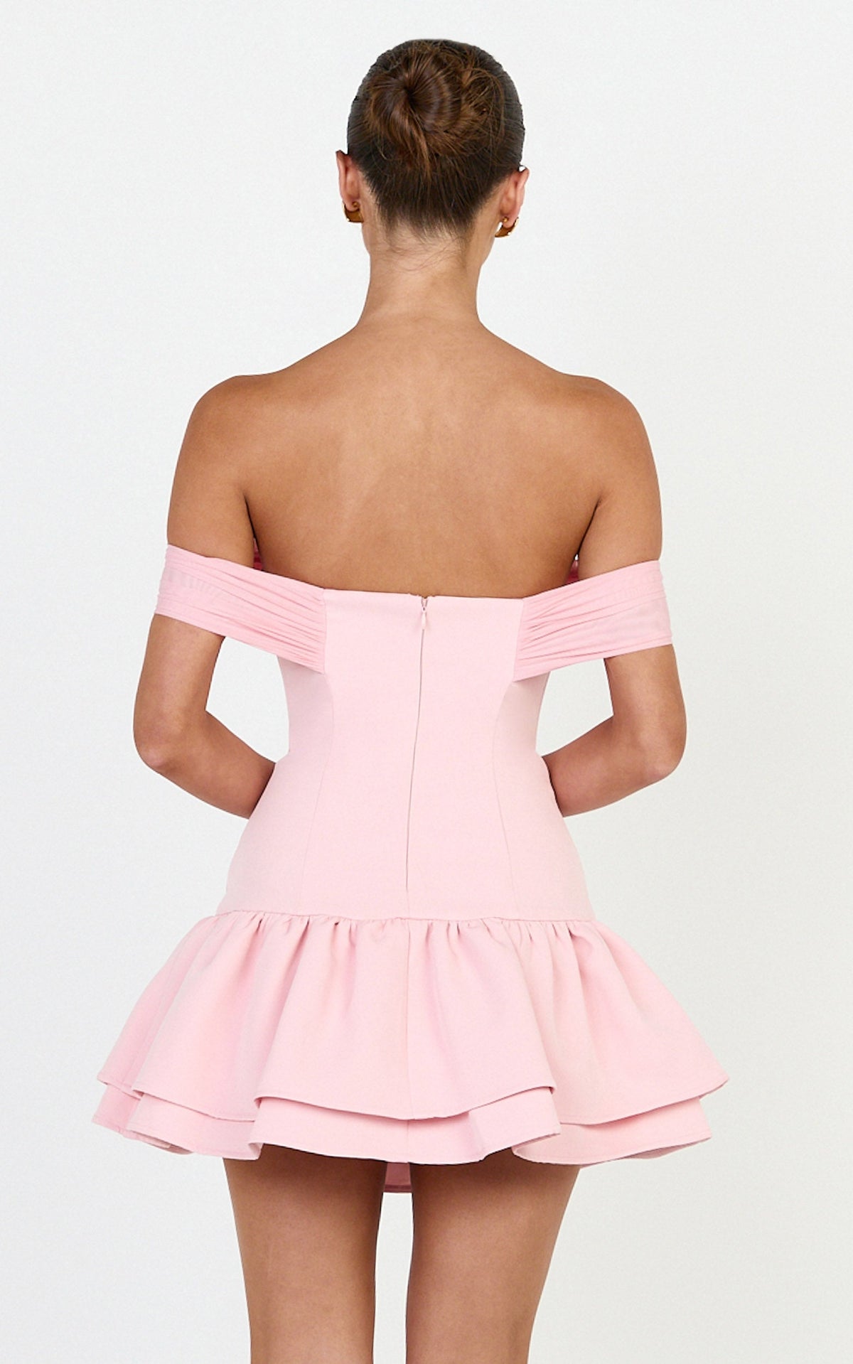 Vienna Mini Dress - Off Shoulder Tiered Hem Dress in Pink
