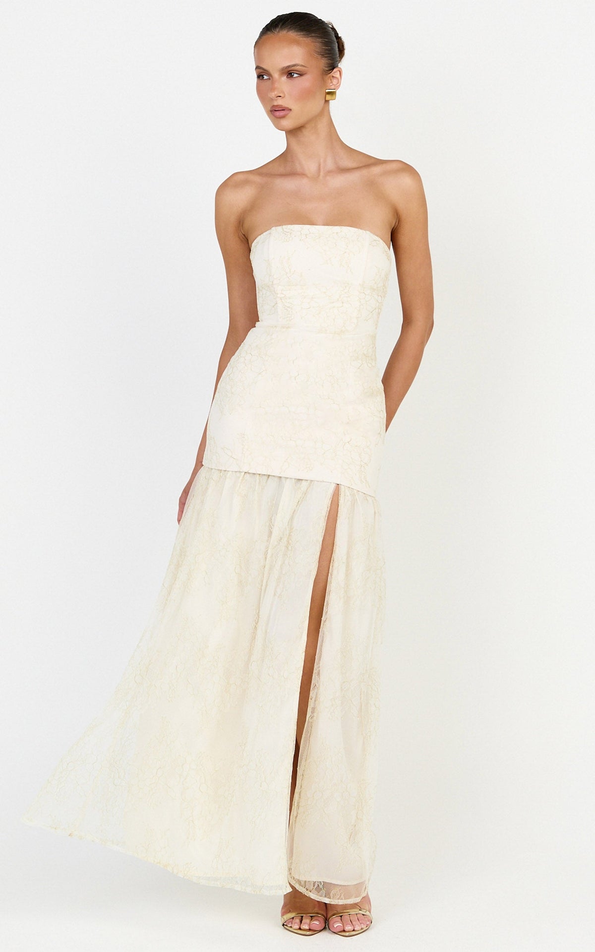 Brielle Maxi Dress - Strapless Gathered Fit & Flare Lace Dress in Champagne