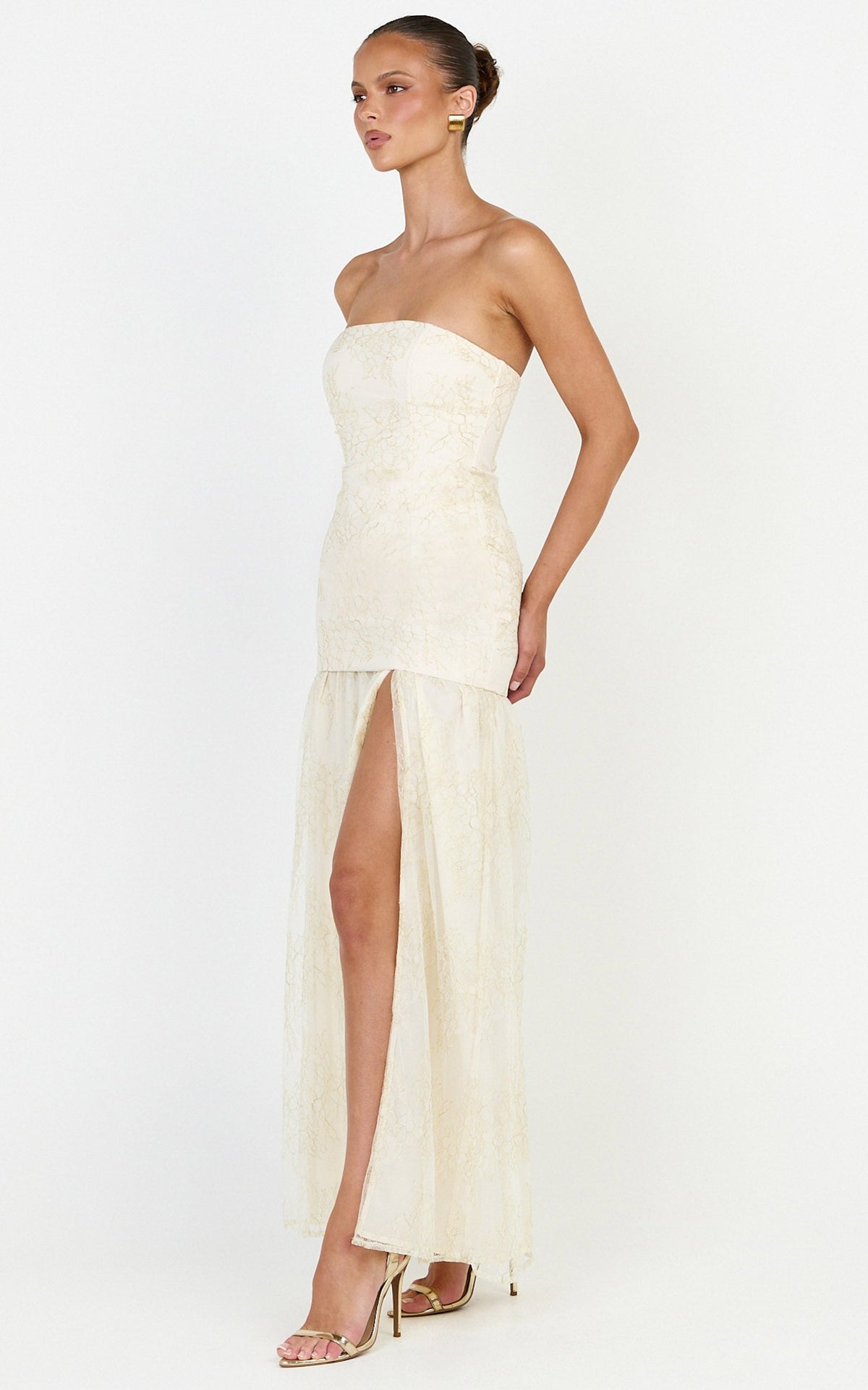 Brielle Maxi Dress - Strapless Gathered Fit & Flare Lace Dress in Champagne