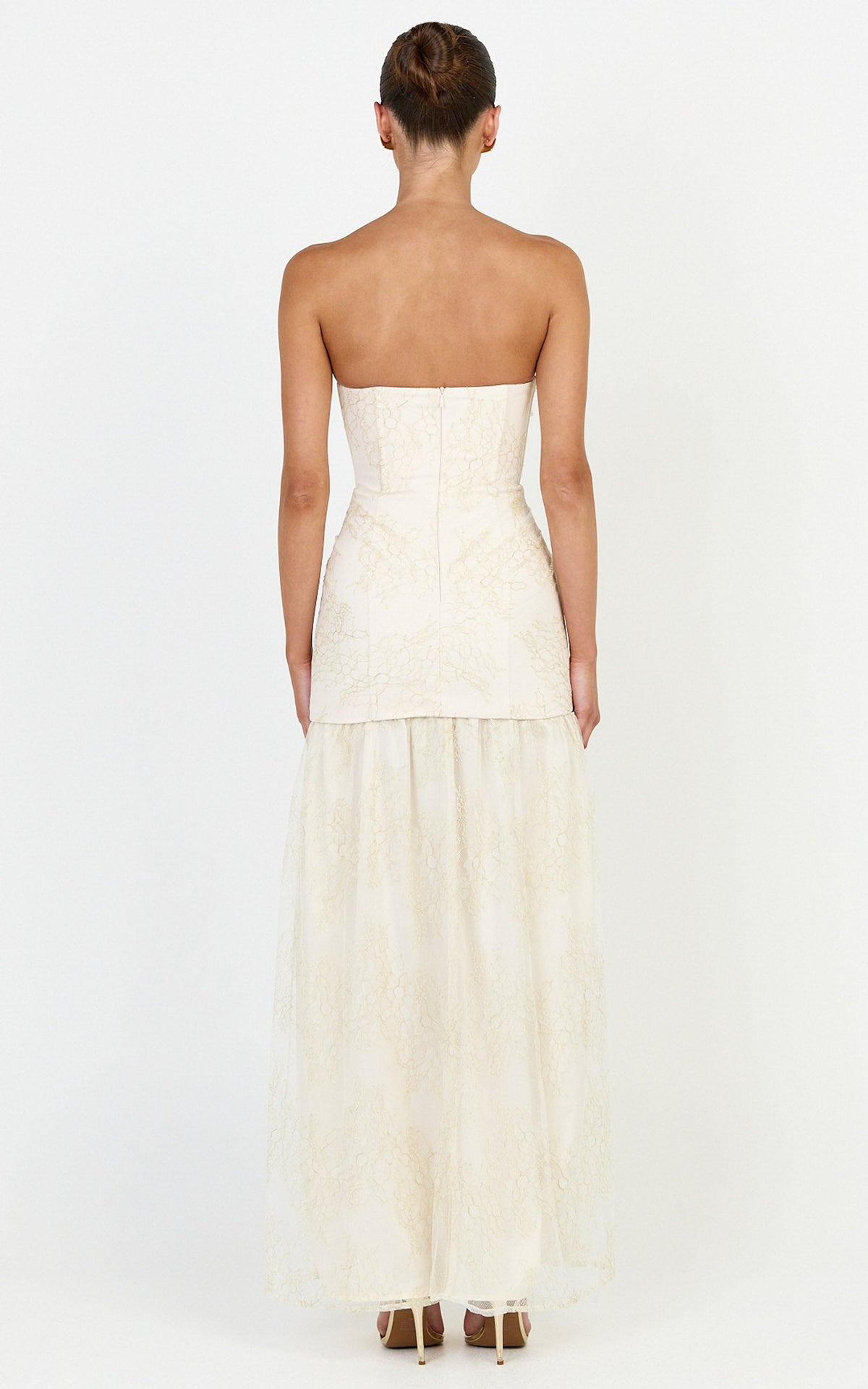 Brielle Maxi Dress - Strapless Gathered Fit & Flare Lace Dress in Champagne