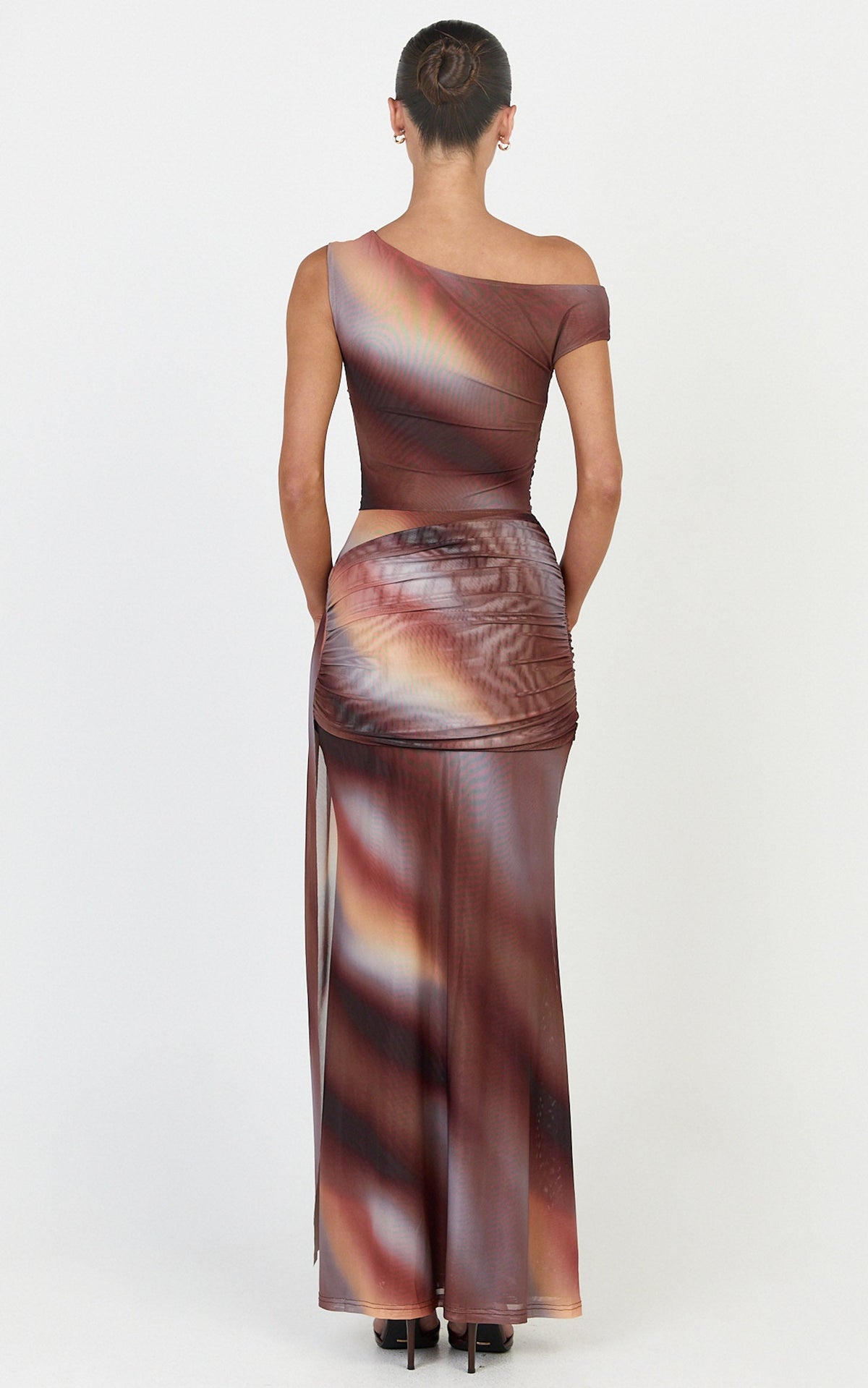 Lucienne Maxi Dress - Asymmetric Neckline Gathered Draped Sash Dress in Aurora Print