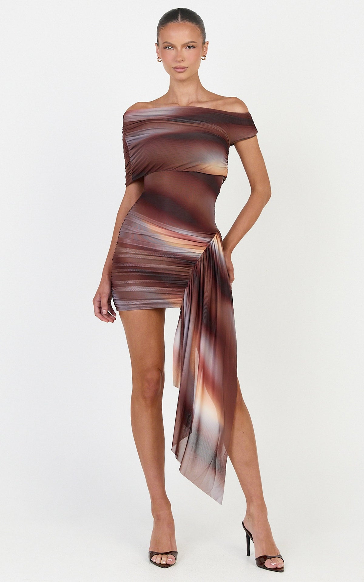 Lucienne Mini Dress - Asymmetric Off Shoulder Gathered Draped Sash Dress in Aurora Print
