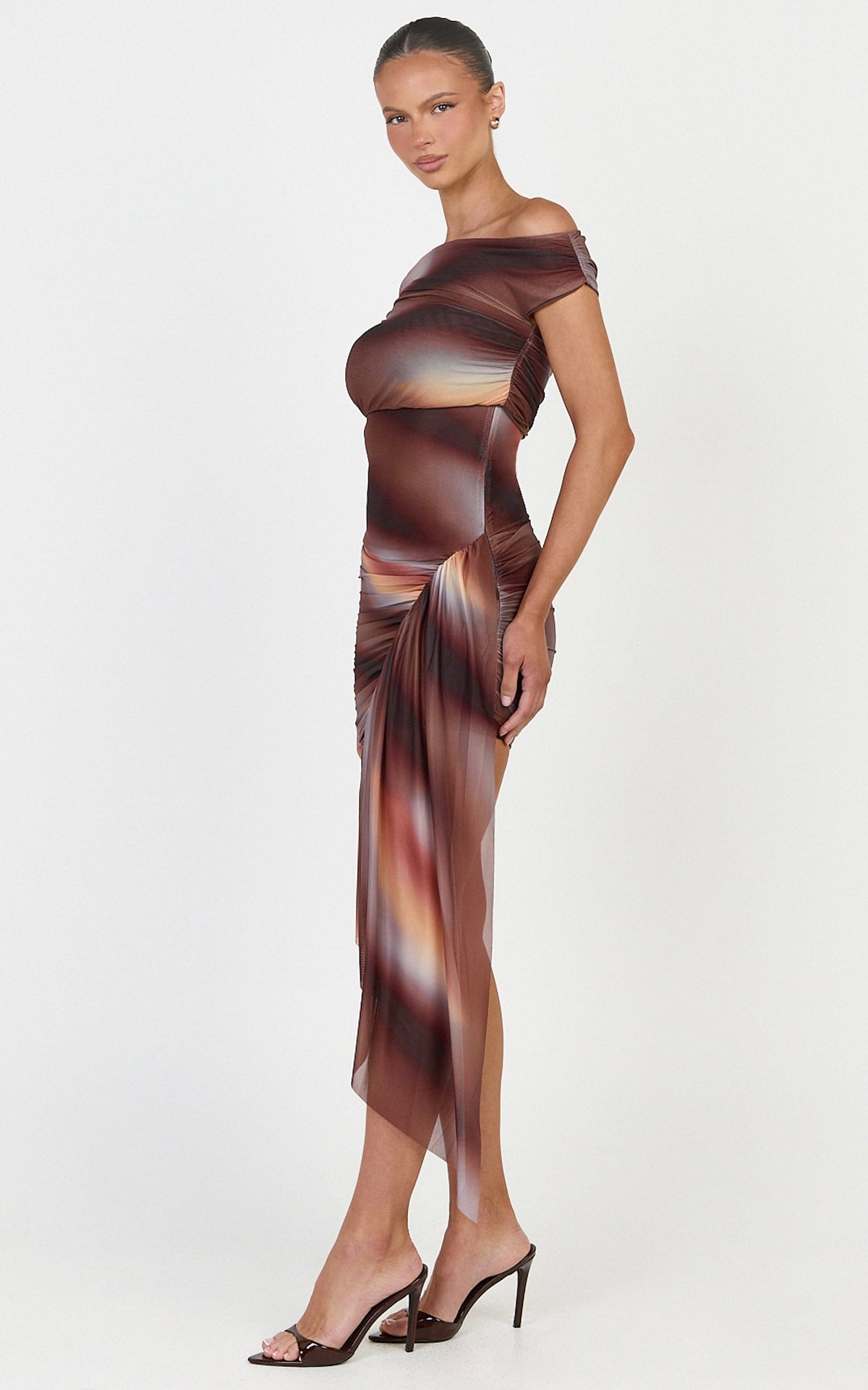 Lucienne Mini Dress - Asymmetric Off Shoulder Gathered Draped Sash Dress in Aurora Print