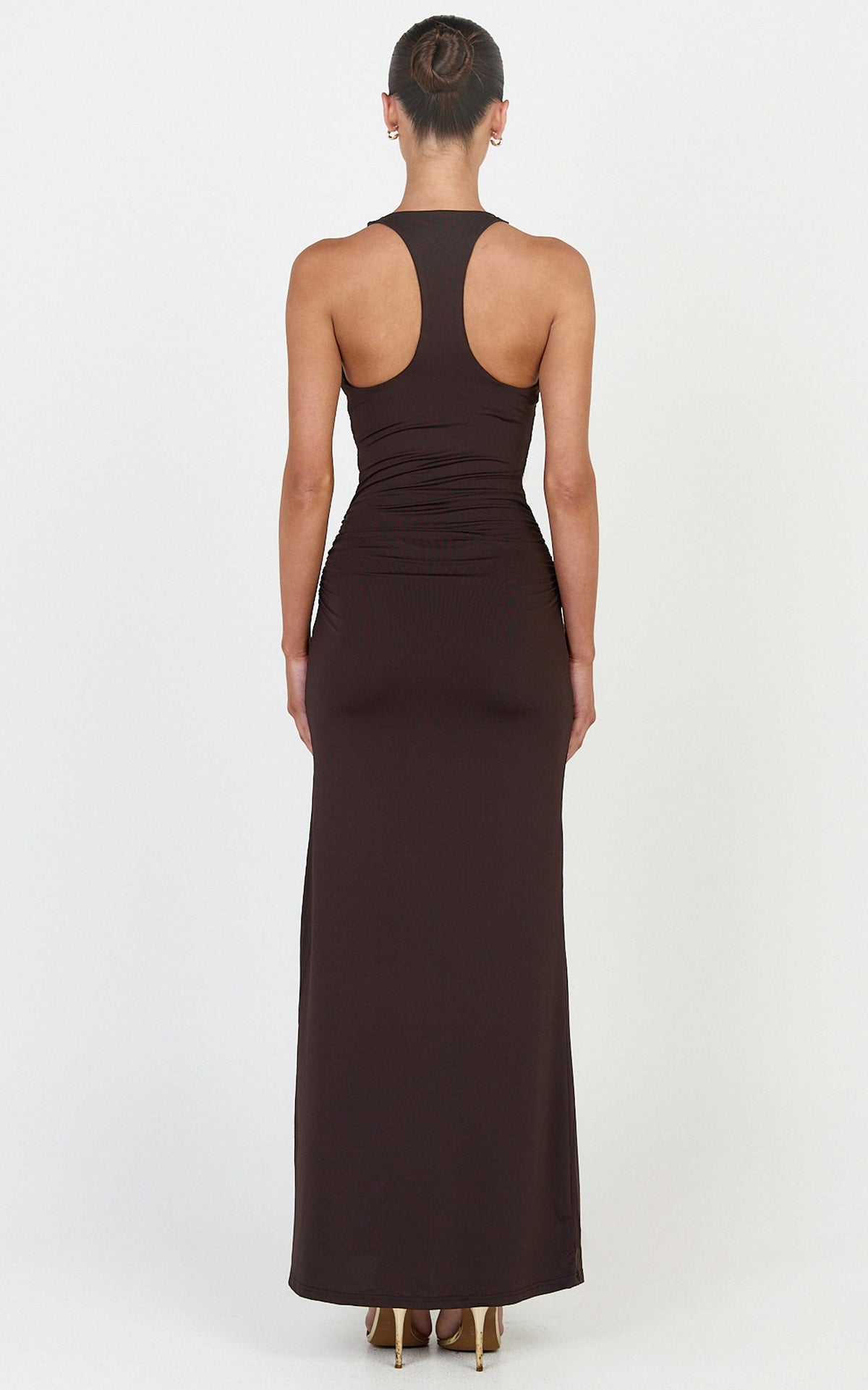 Sophie Maxi Dress - Plunge Neckline Ruched Waist Racer Back Dress in Chocolate