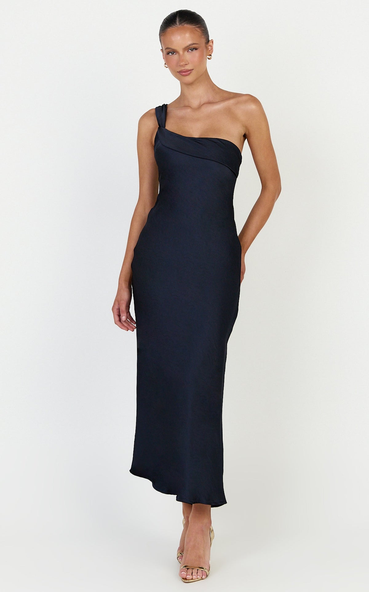 Calix Midi Dress - One Shoulder Slip Dress in Navy