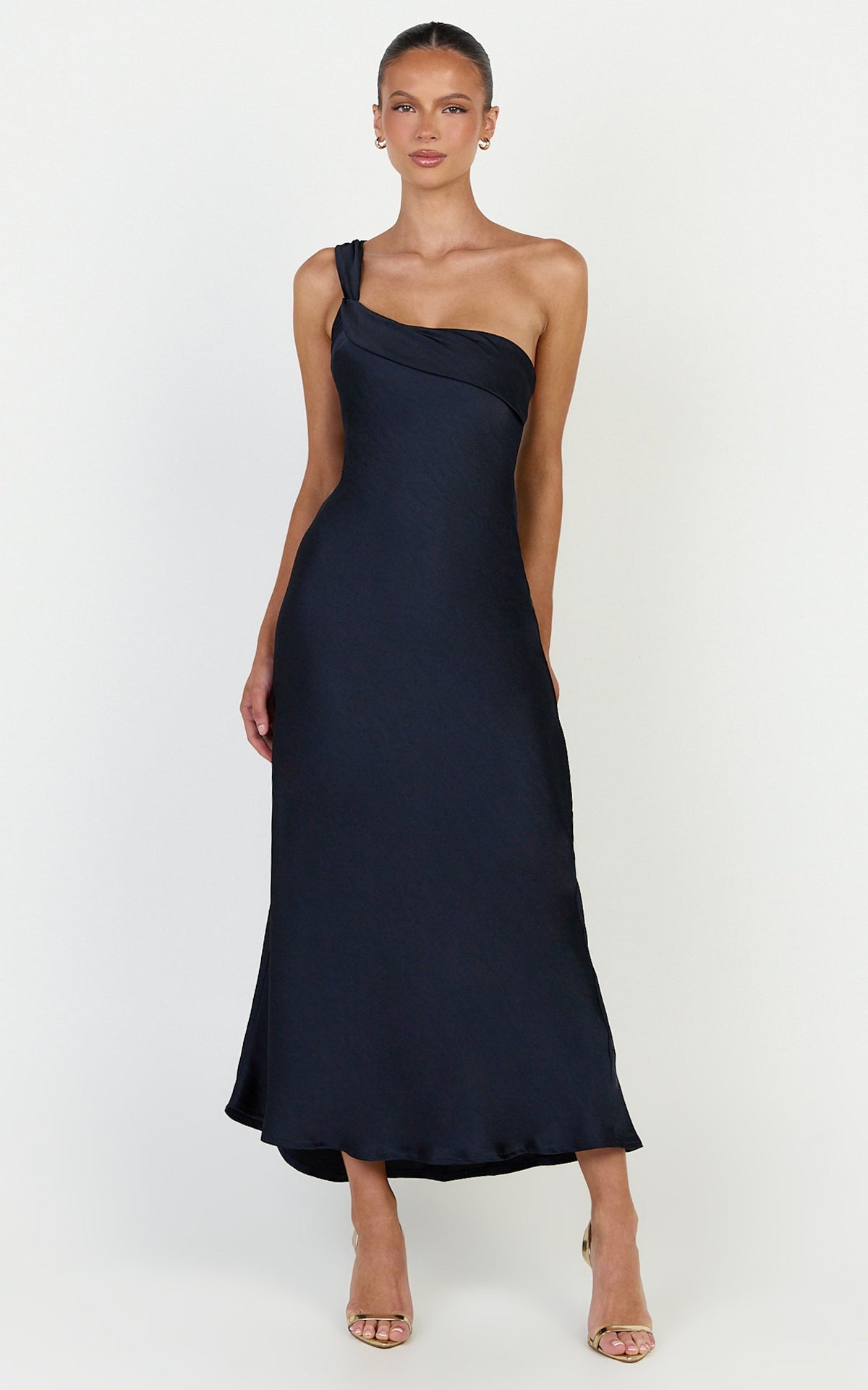 Calix Midi Dress - One Shoulder Slip Dress in Navy