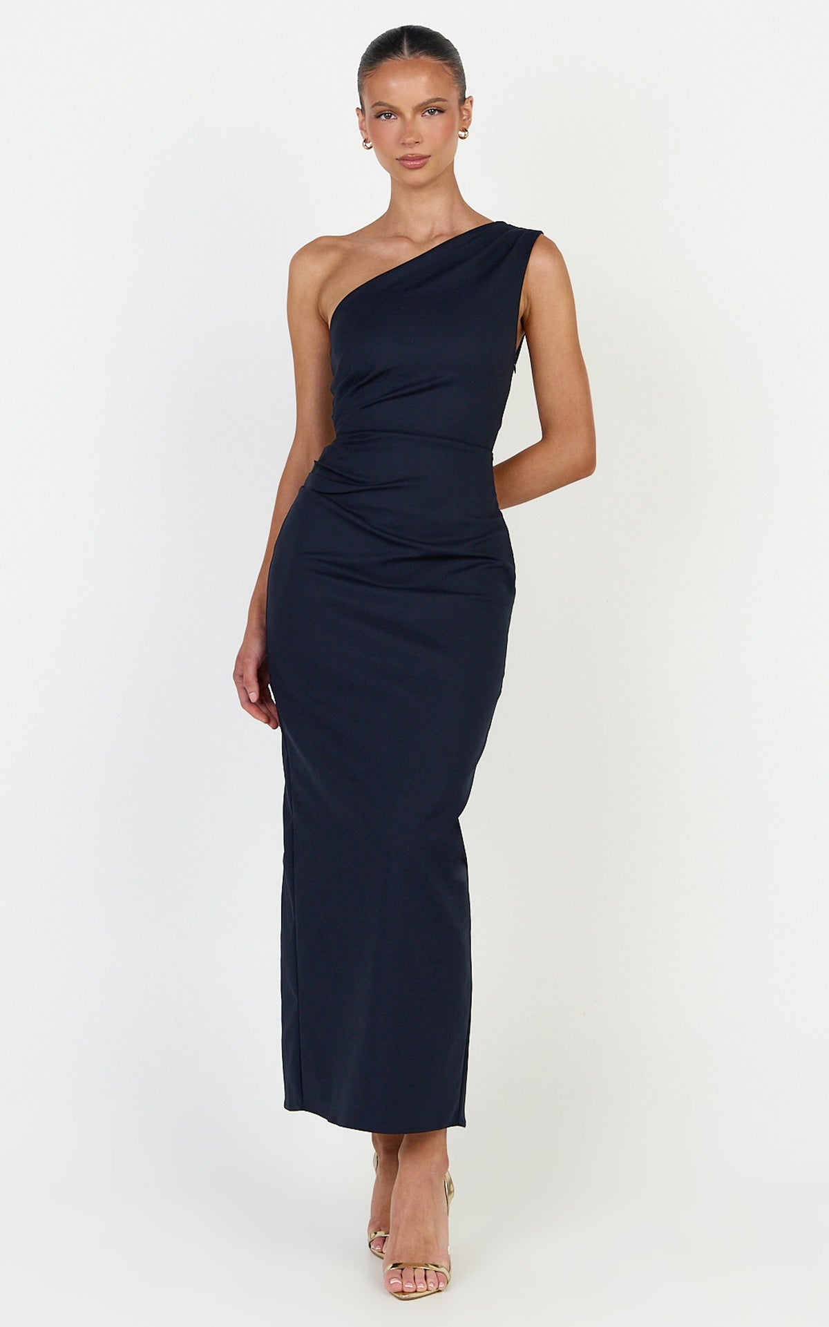 Karlie Midi Dress - One Shoulder Fitted Dress in Navy