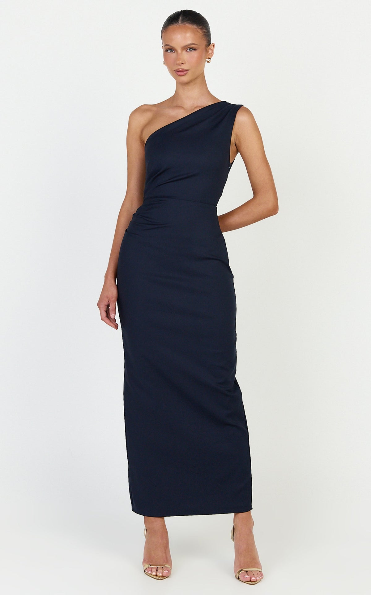 Karlie Midi Dress - One Shoulder Fitted Dress in Navy