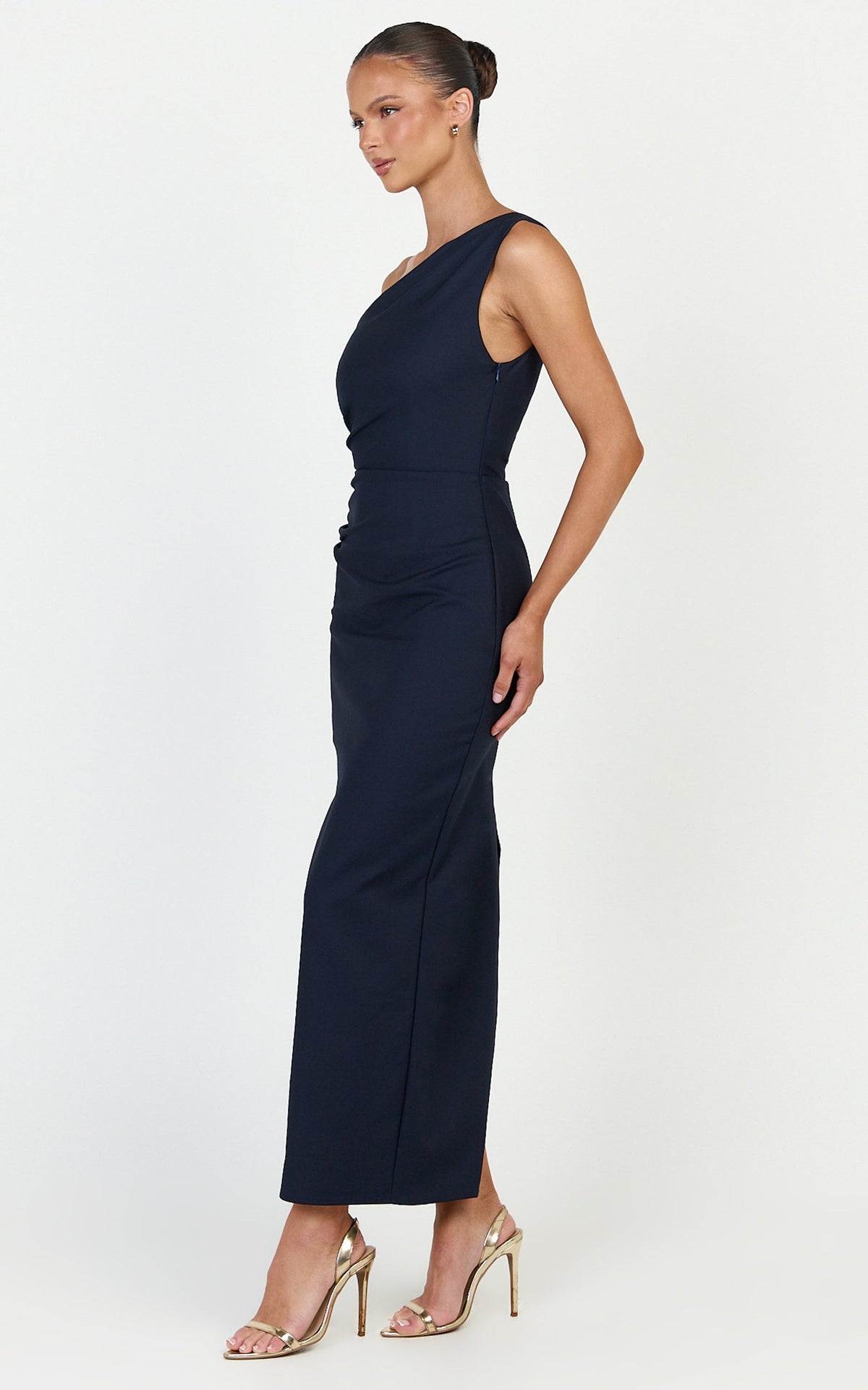 Karlie Midi Dress - One Shoulder Fitted Dress in Navy