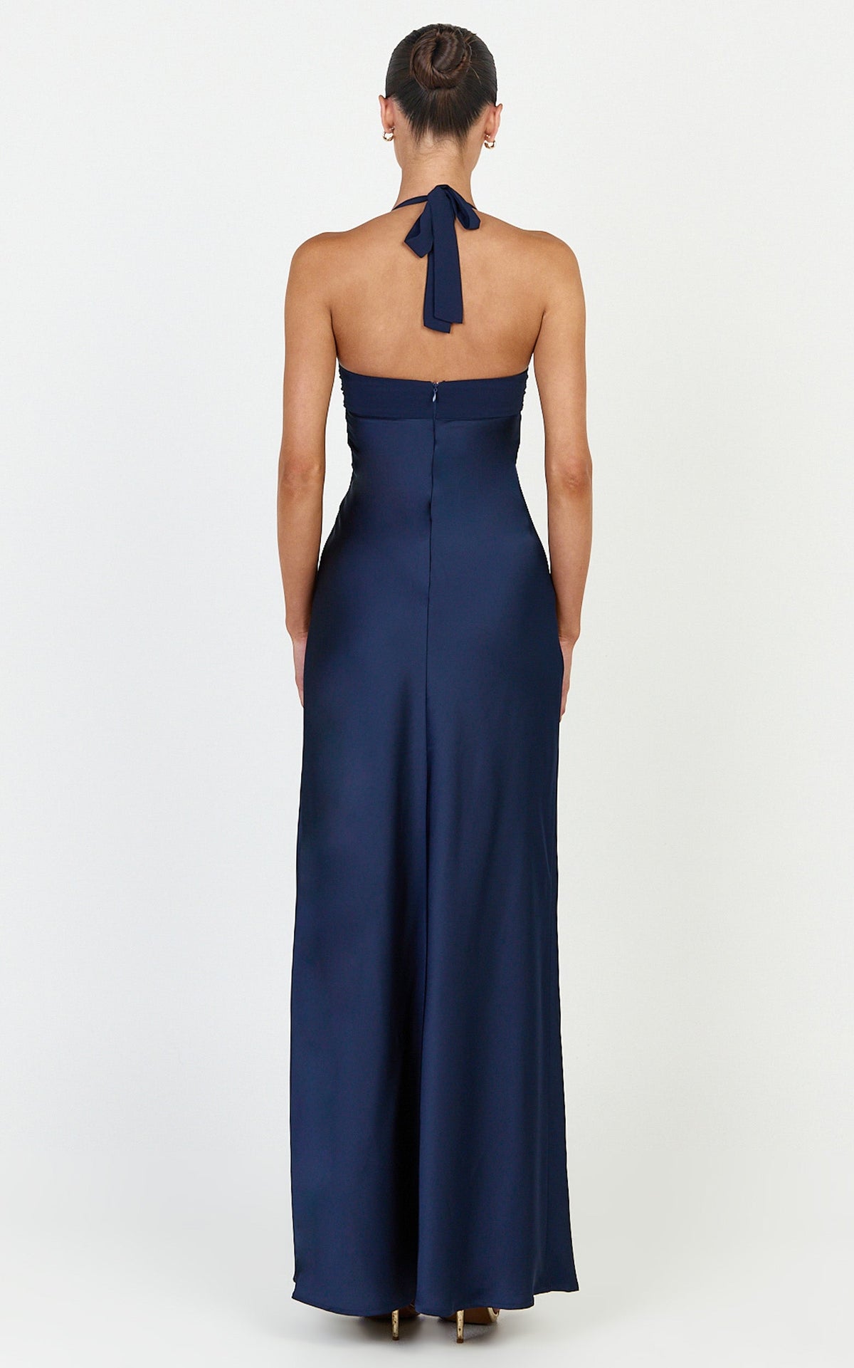 Flynn Maxi Dress - Satin Halter Sweetheart Neck Dress in Navy