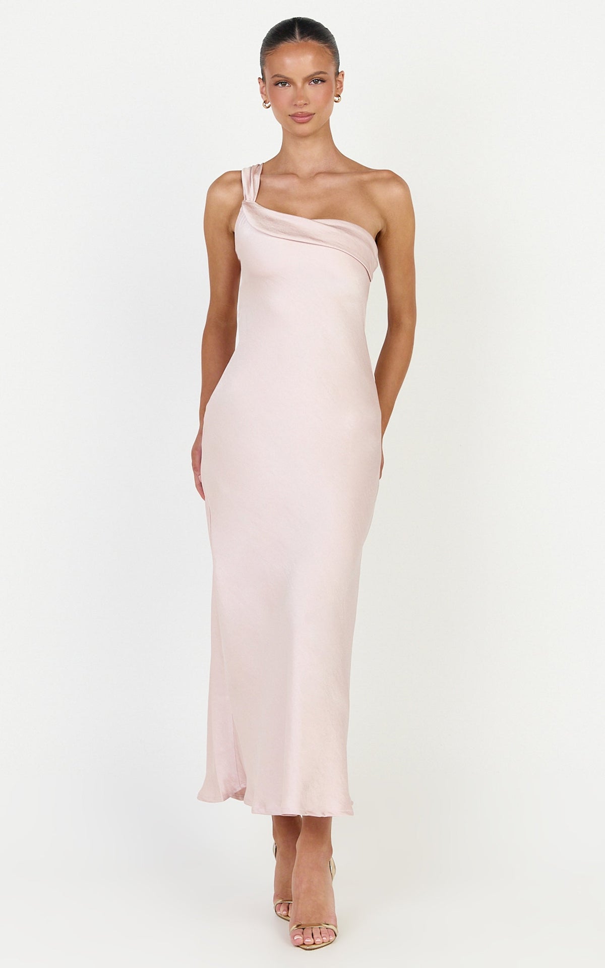 Calix Midi Dress - One Shoulder Slip Dress in Pink