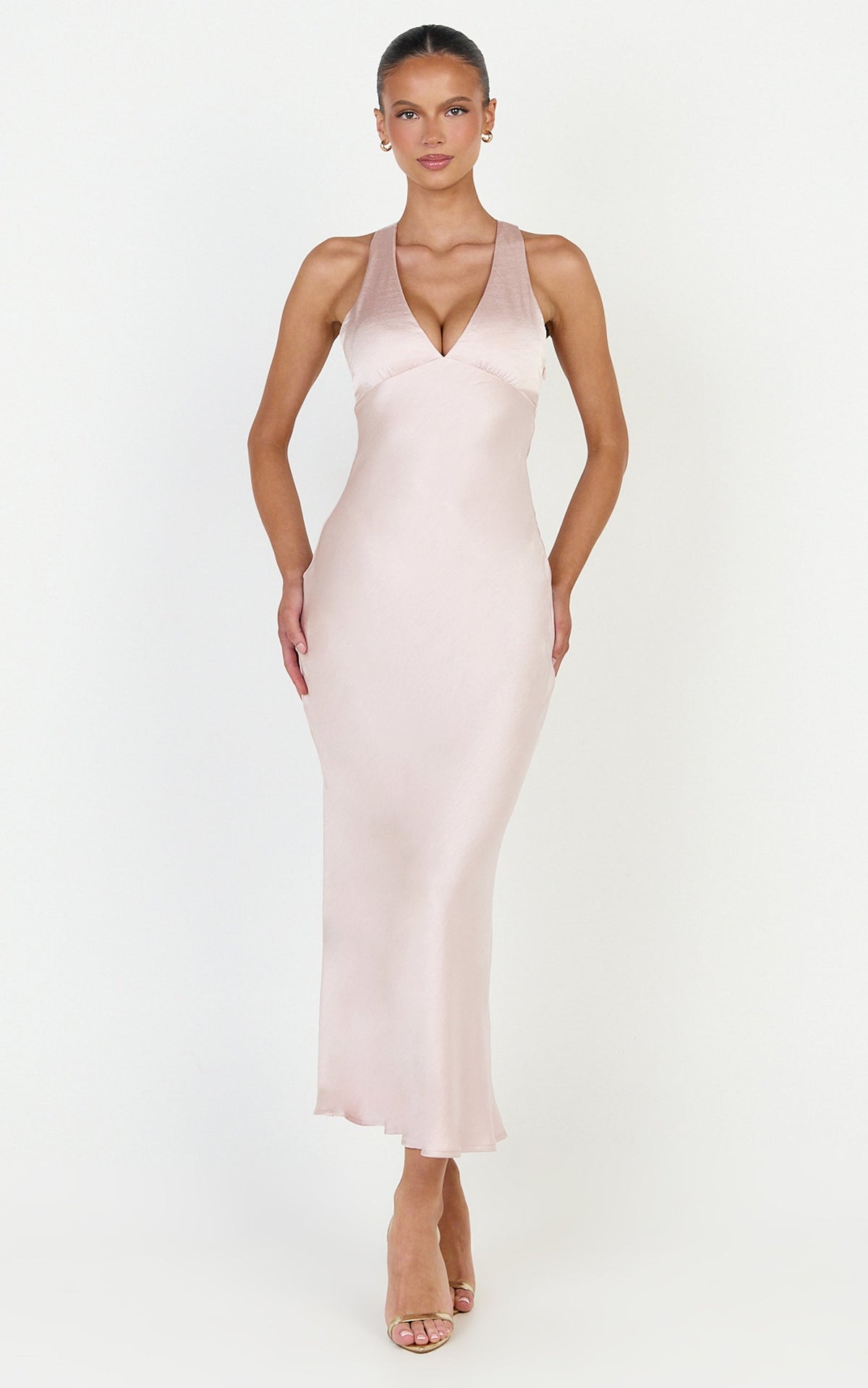 Khalani Midi Dress - Deep V Neck Satin Slip Dress in Light Pink