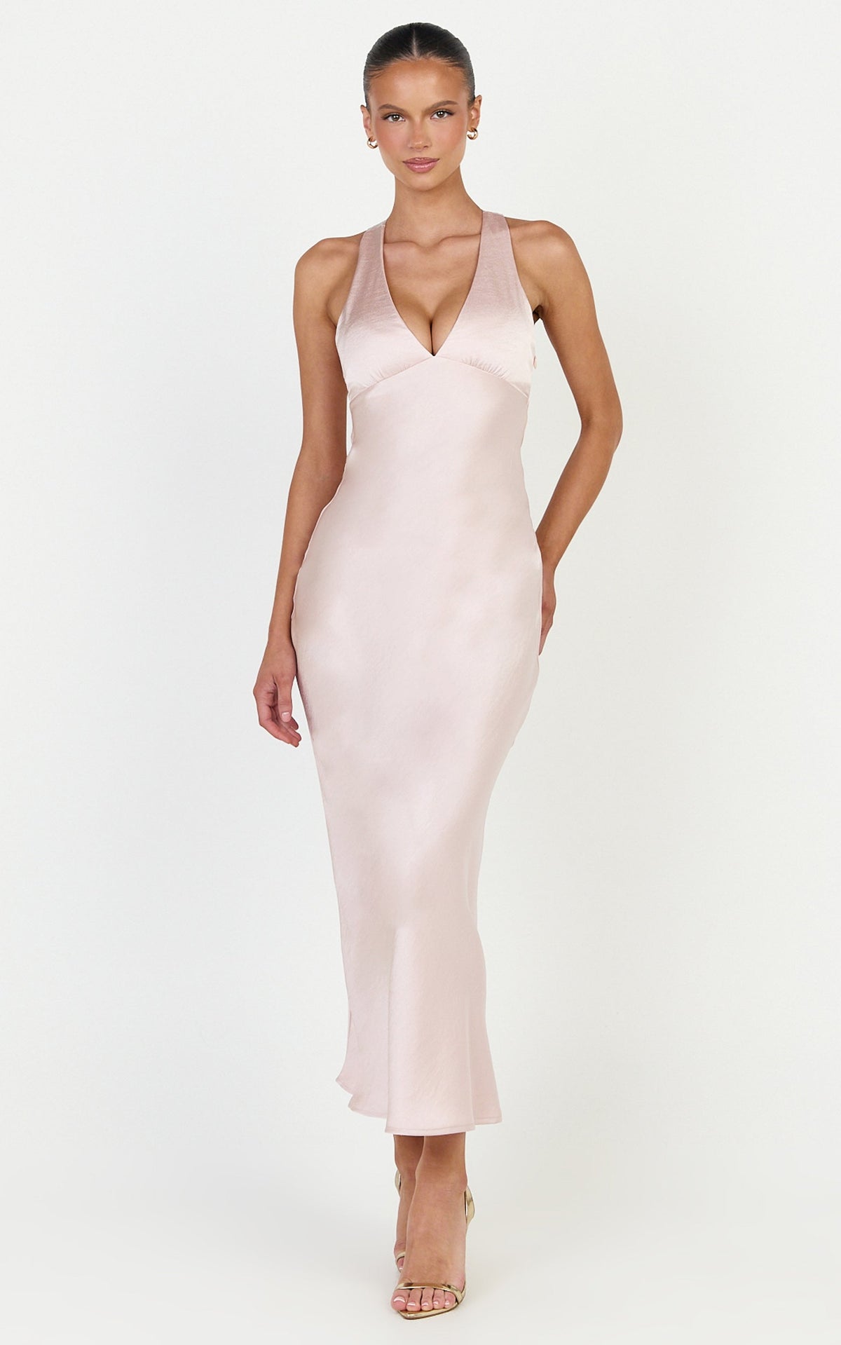 Khalani Midi Dress - Deep V Neck Satin Slip Dress in Light Pink