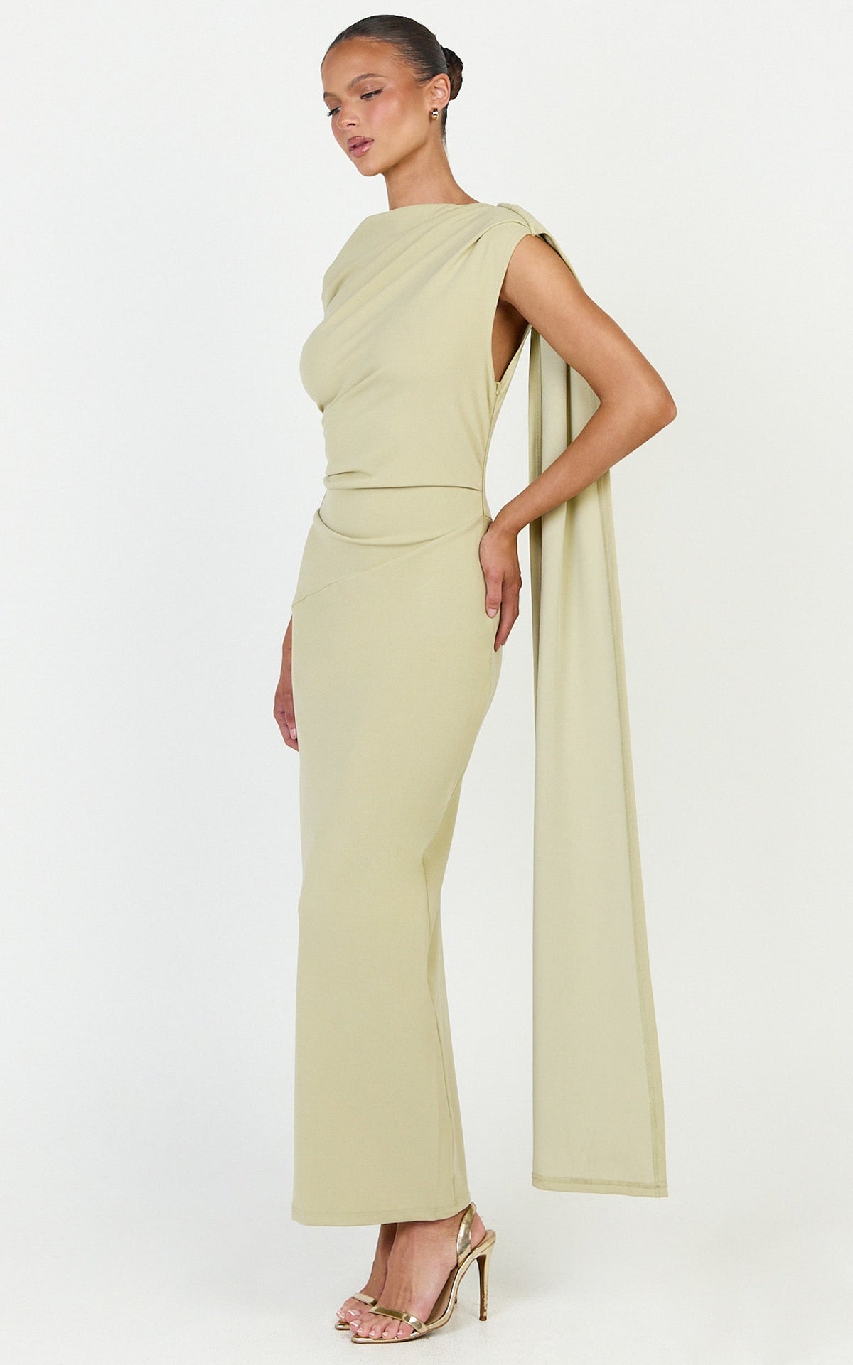 Visenta Midi Dress - Asymmetrical Sleeve Dress in Sage